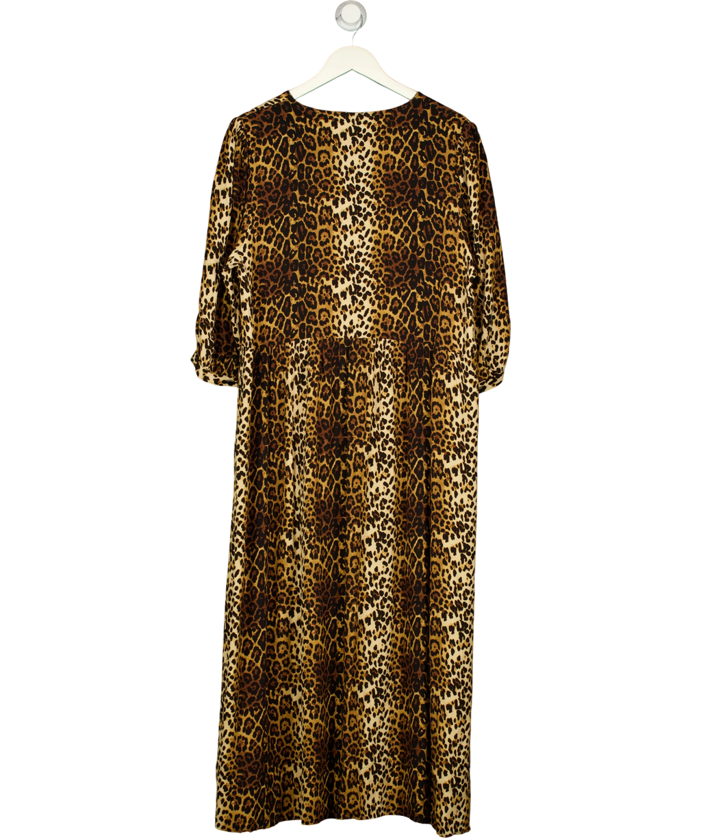 M&S Brown Puff Sleeve Bow Front Leopard Midaxi Dress UK 16 — Back