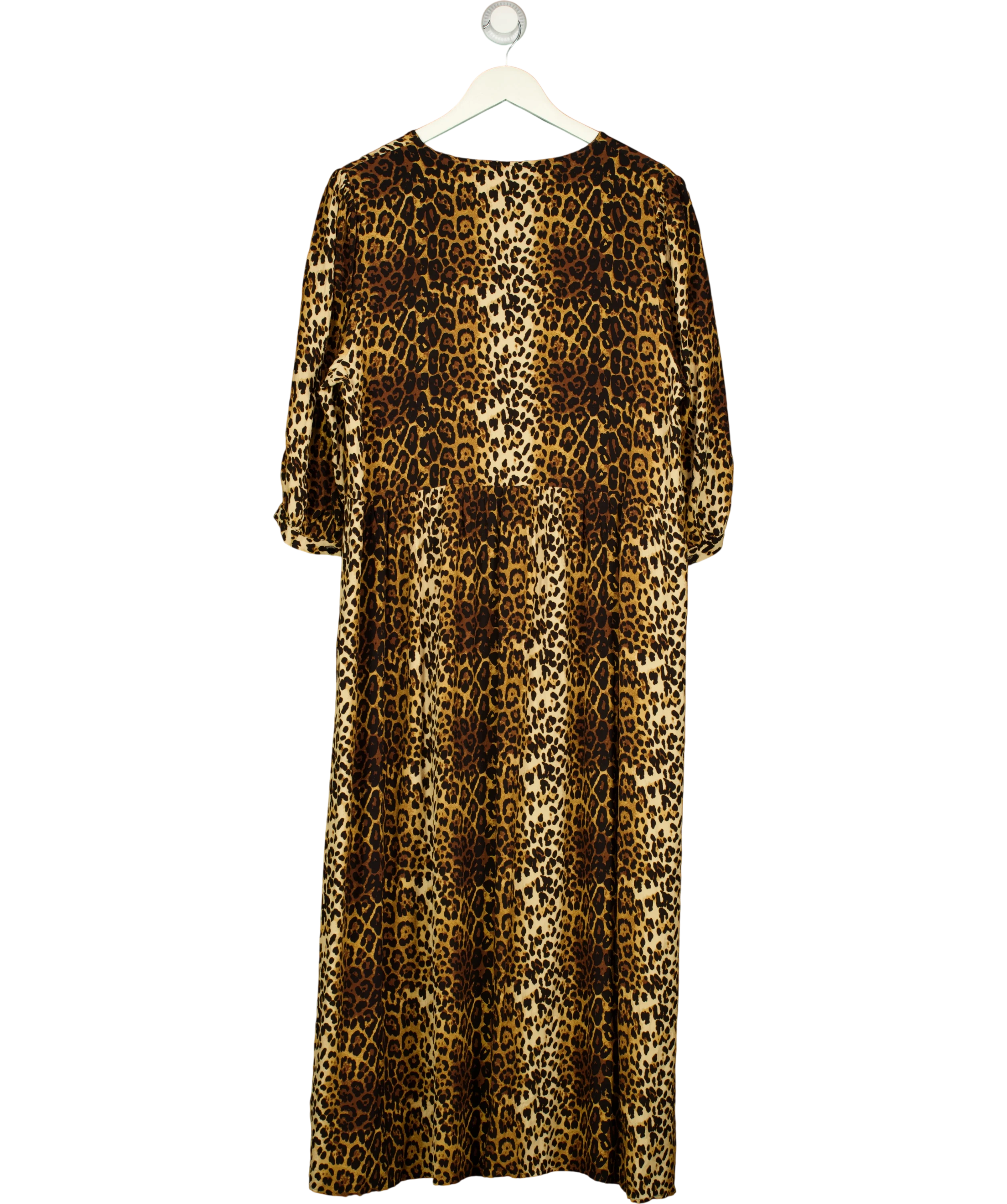 M&S Brown Puff Sleeve Bow Front Leopard Midaxi Dress UK 16 — Back