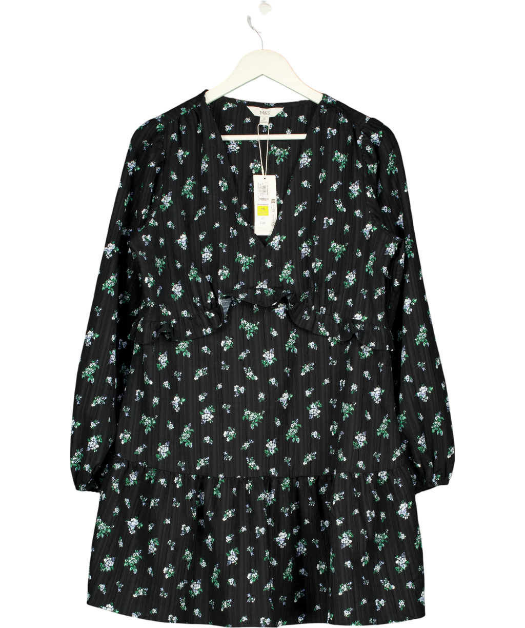 M&S Floral Ruffle Mini Waisted Dress Navy Blue UK 16 — Front