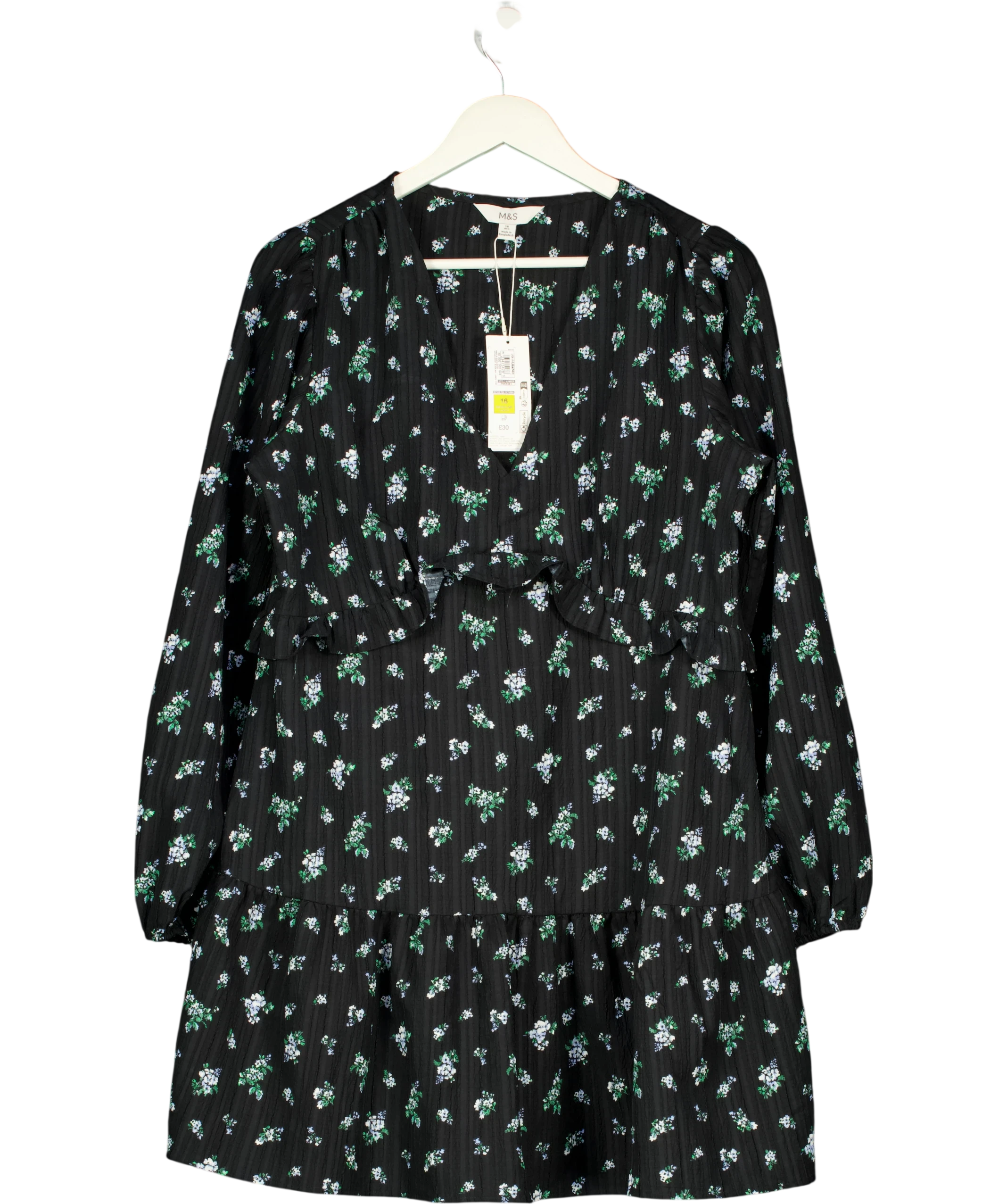 M&S Floral Ruffle Mini Waisted Dress Navy Blue UK 16 — Front