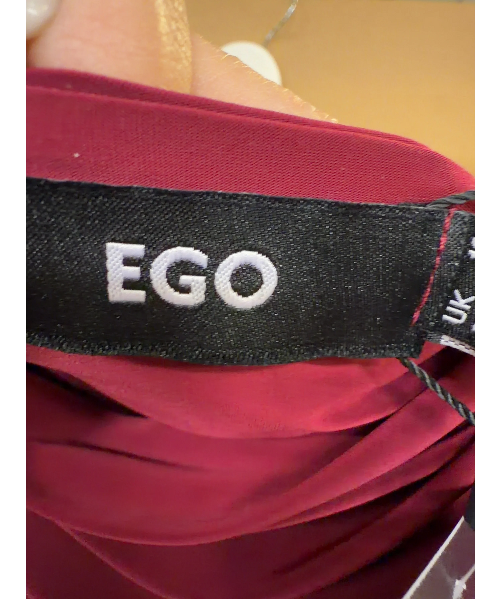 Ego burgundy asymmetric draped side ruched maxi dress, size UK 10 — detail