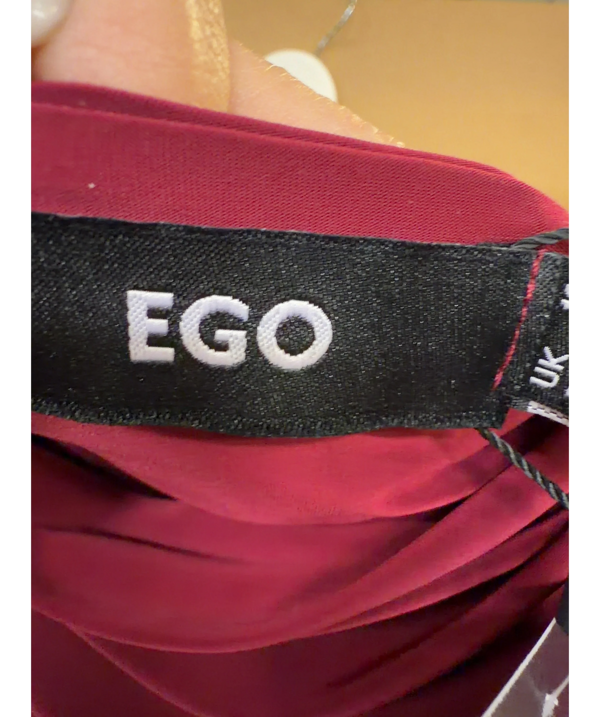 Ego burgundy asymmetric draped side ruched maxi dress, size UK 10 — detail