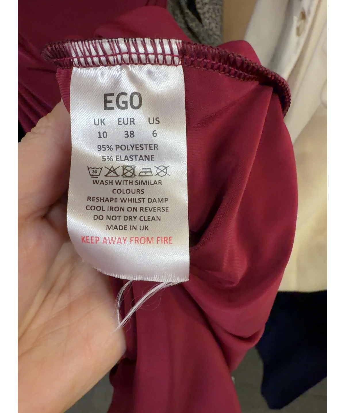 Ego burgundy asymmetric draped side ruched maxi dress, size UK 10 — label