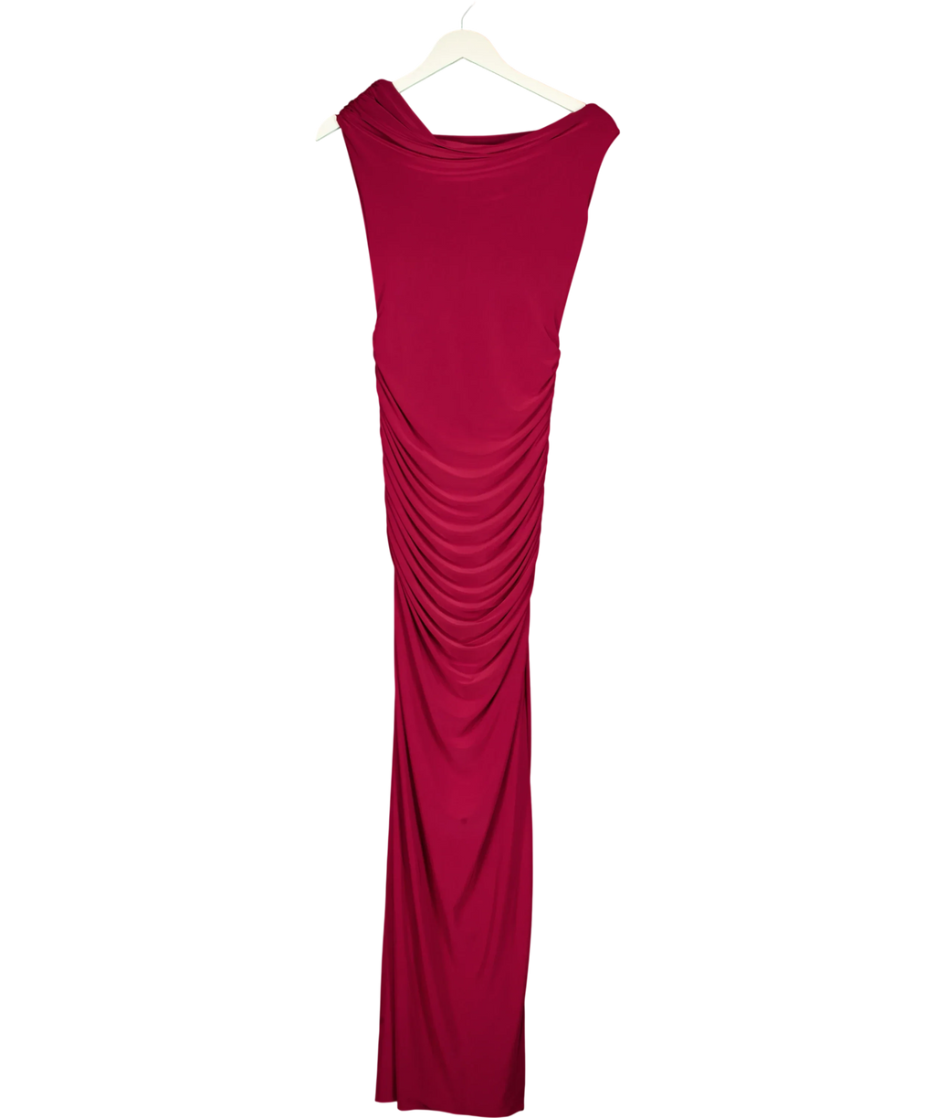 Ego burgundy asymmetric draped side ruched maxi dress, size UK 10 — front