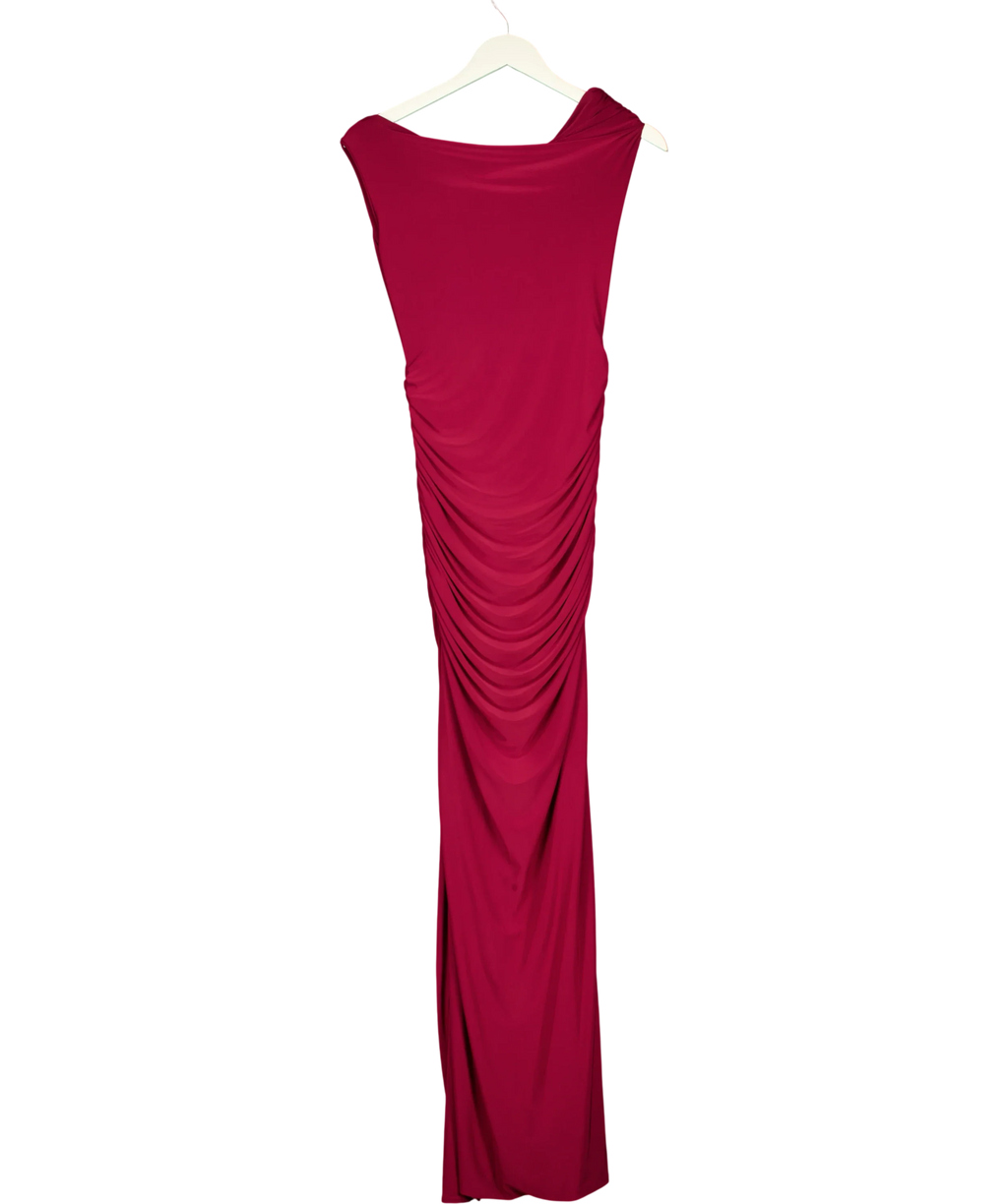 Ego burgundy asymmetric draped side ruched maxi dress, size UK 10 — back