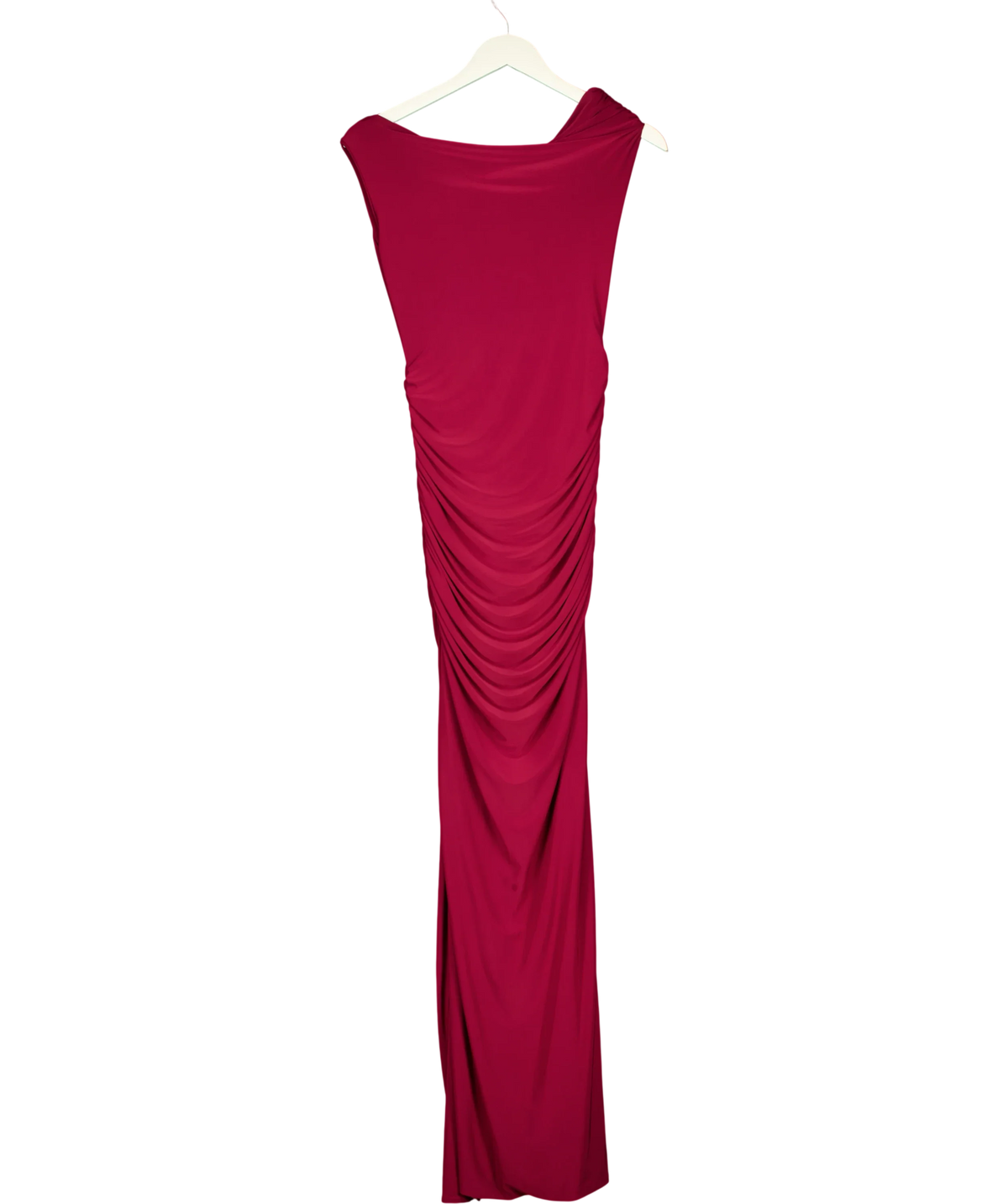 Ego burgundy asymmetric draped side ruched maxi dress, size UK 10 — back
