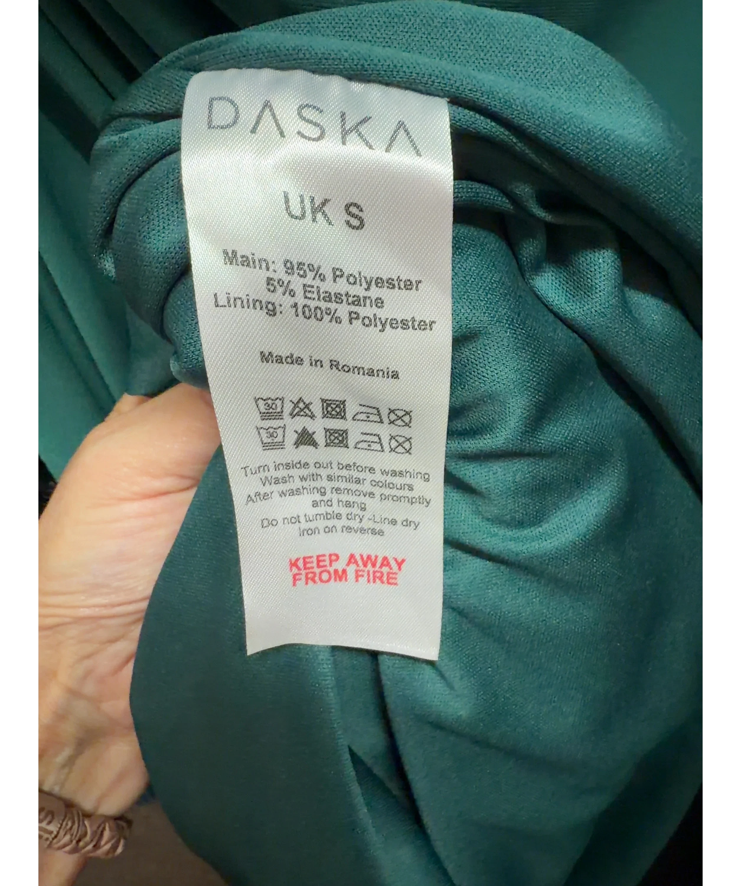 Daska Green green ruched side cascade ruffle maxi dress, size UK S — label