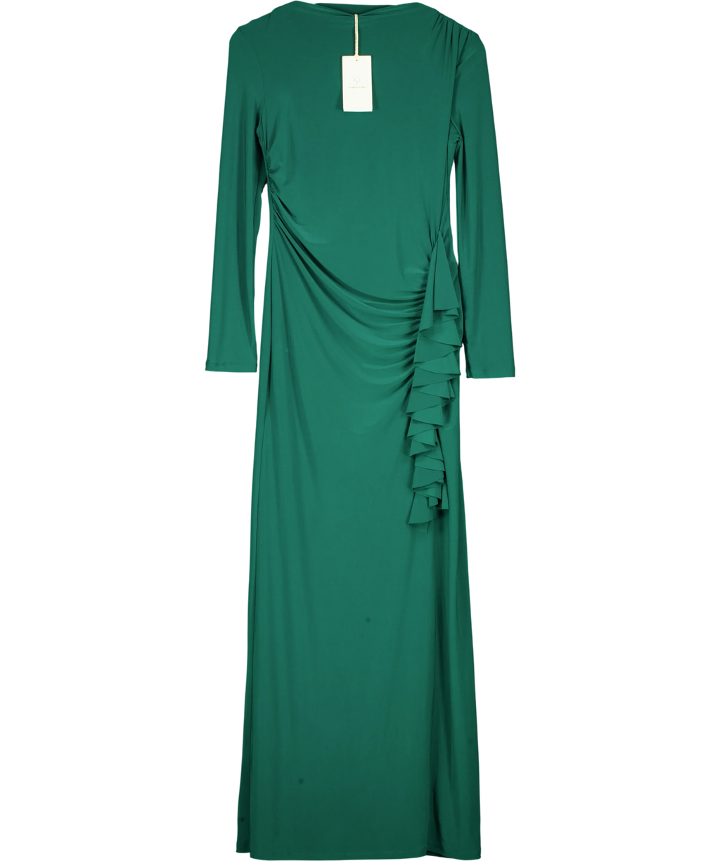 Daska Green green ruched side cascade ruffle maxi dress, size UK S — front