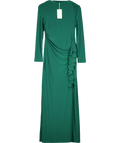 Daska Green green ruched side cascade ruffle maxi dress, size UK S — front