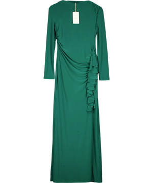 Daska Green Ruched Side Cascade Ruffle Maxi Dress UK S