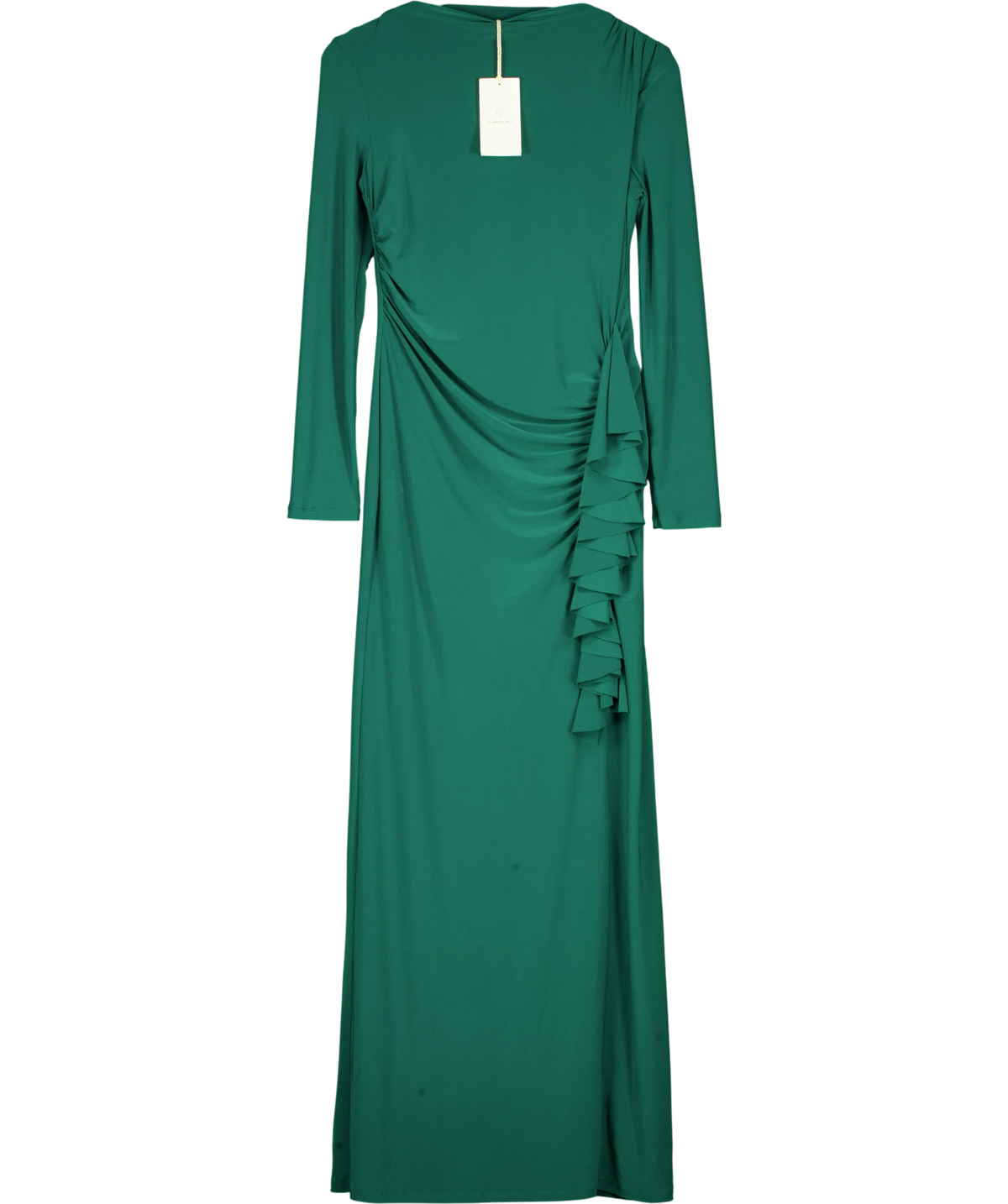 Daska Green green ruched side cascade ruffle maxi dress, size UK S — front