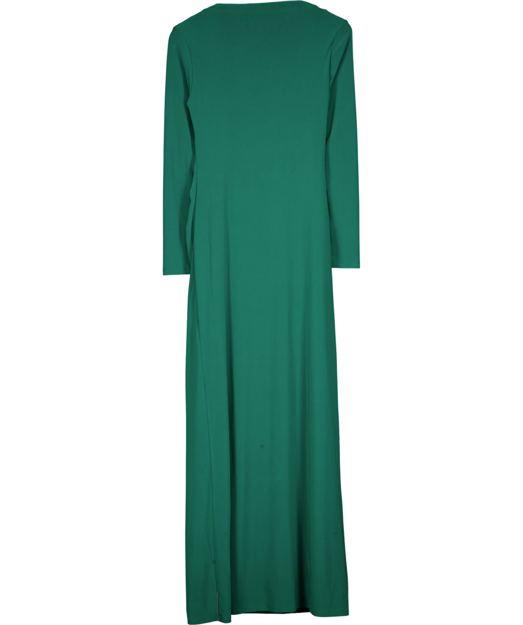 Daska Green green ruched side cascade ruffle maxi dress, size UK S — back