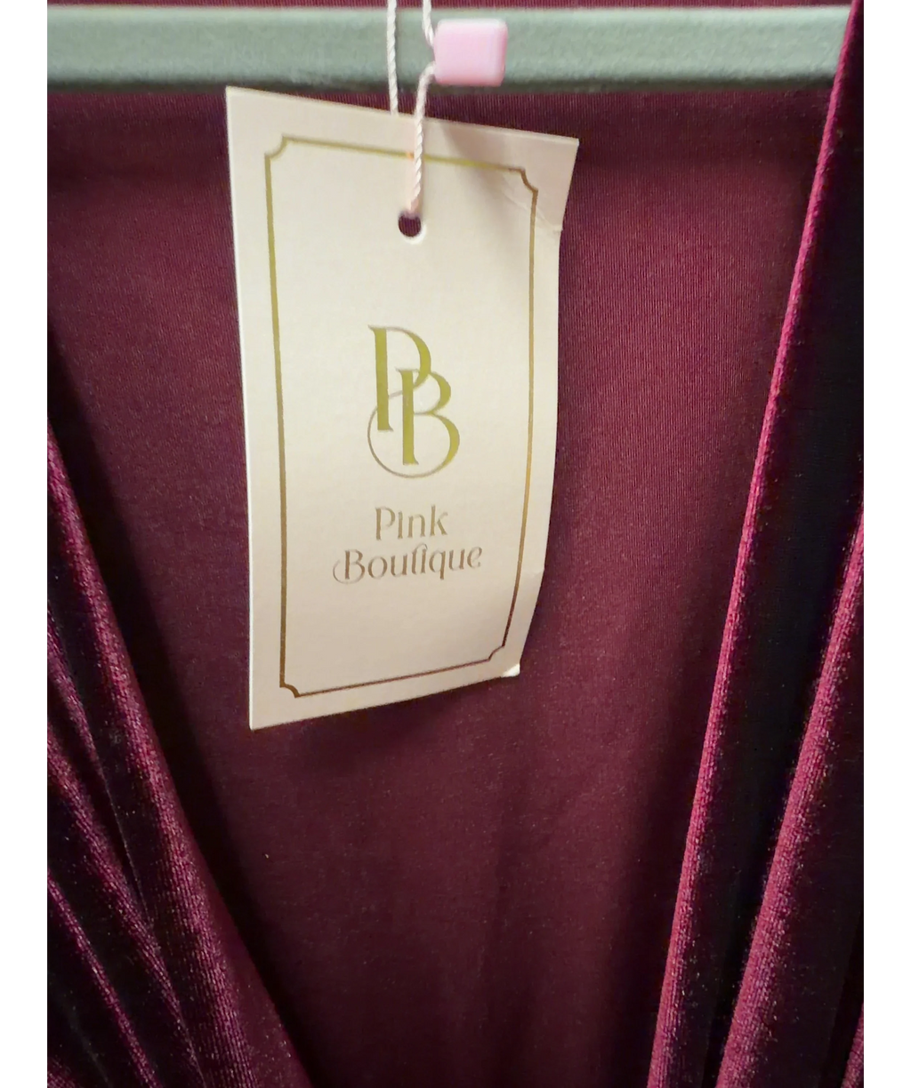 Pink Boutique burgundy Viviana Red Drape Knot Front Velvet Dress, size UK XL — detail