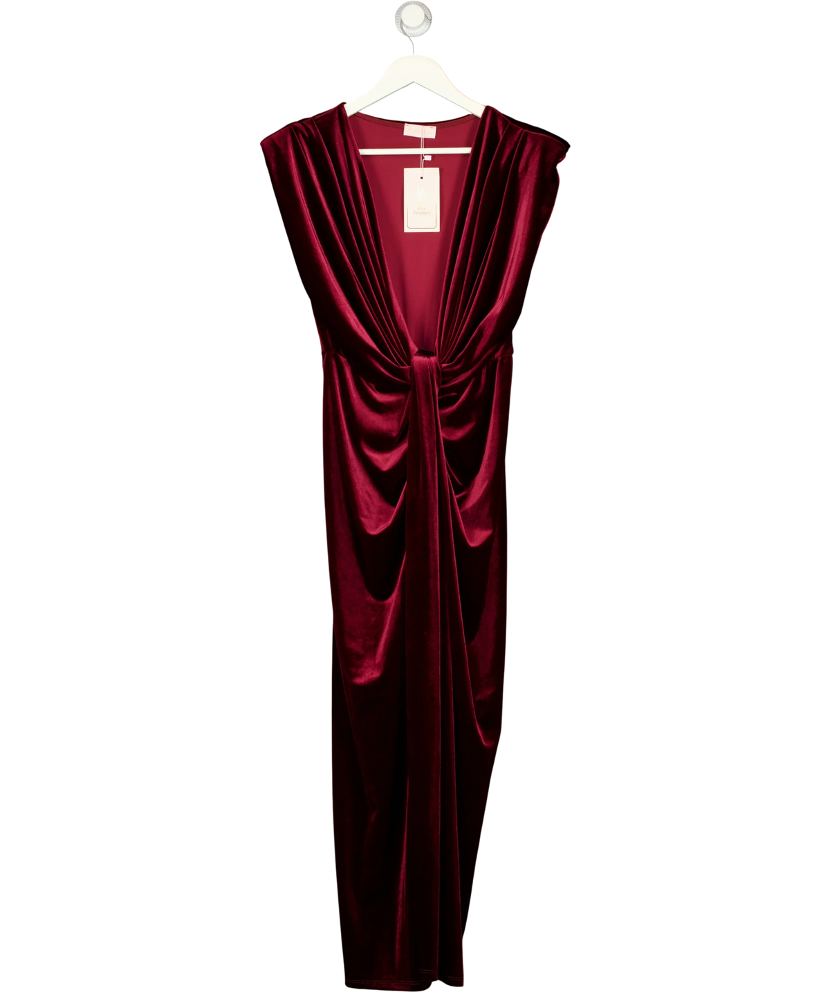 Pink Boutique burgundy Viviana Red Drape Knot Front Velvet Dress, size UK XL — front