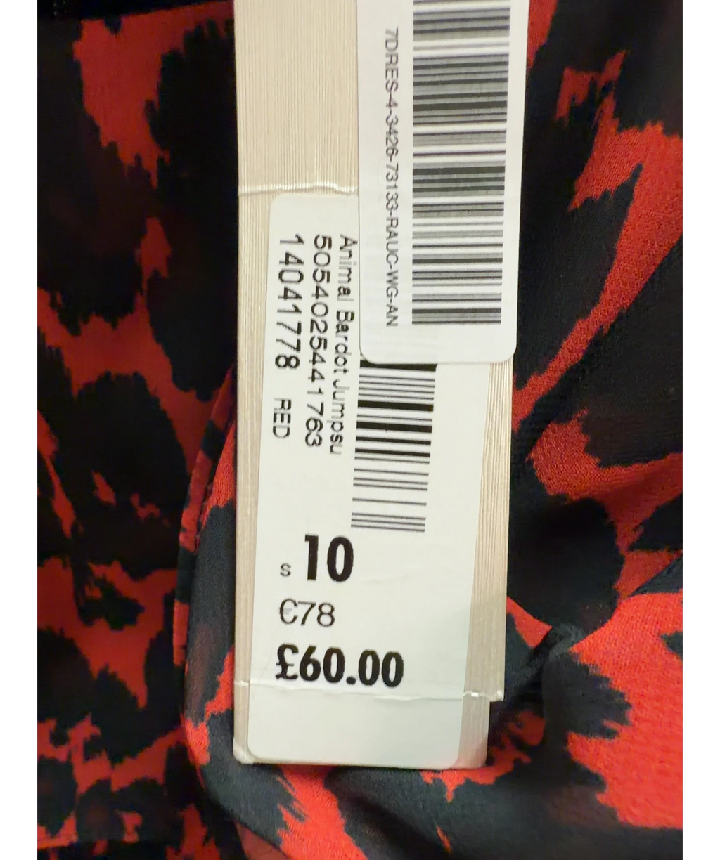 Roman Red Animal Print Cold Shoulder Jumpsuit, size UK 10 — label
