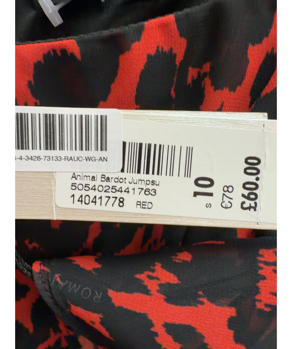 Roman Red Animal Print Cold Shoulder Jumpsuit, size UK 10 — care label