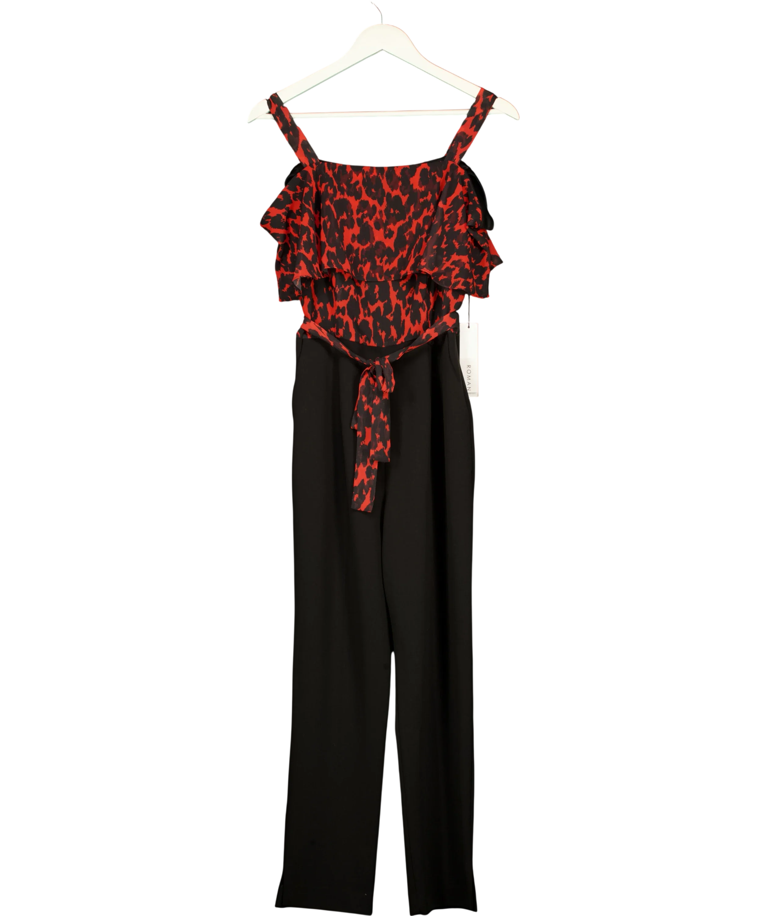 Roman Red Animal Print Cold Shoulder Jumpsuit, size UK 10 — front