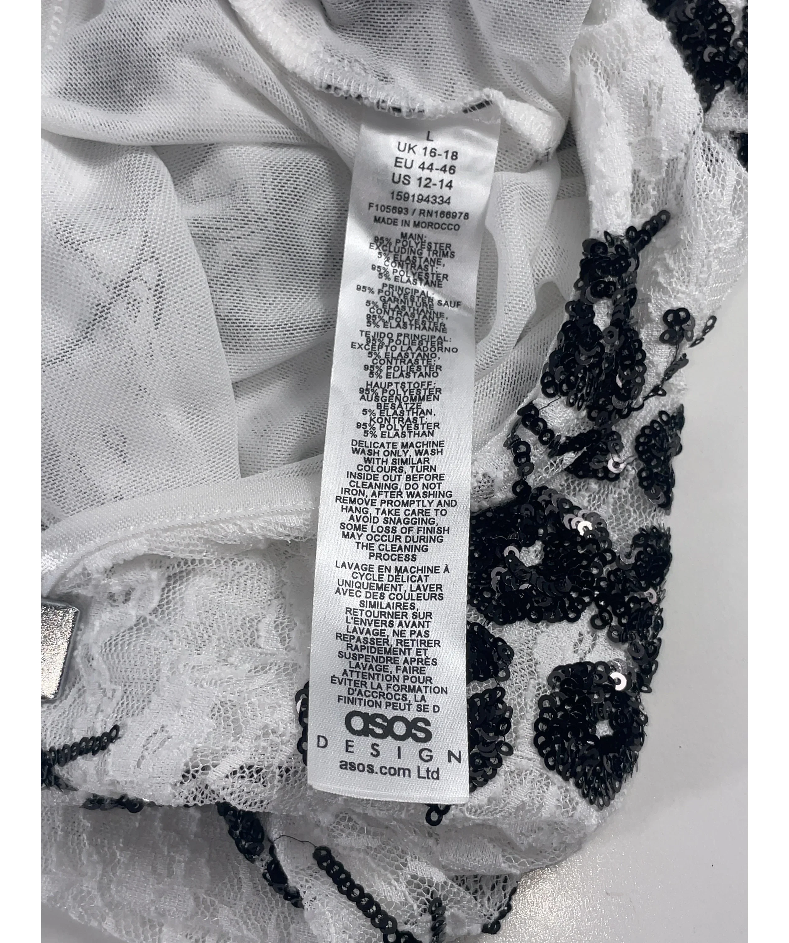 ASOS White DESIGN Sequin Lace Capri Trousers in Black and White Floral L, size UK L — label