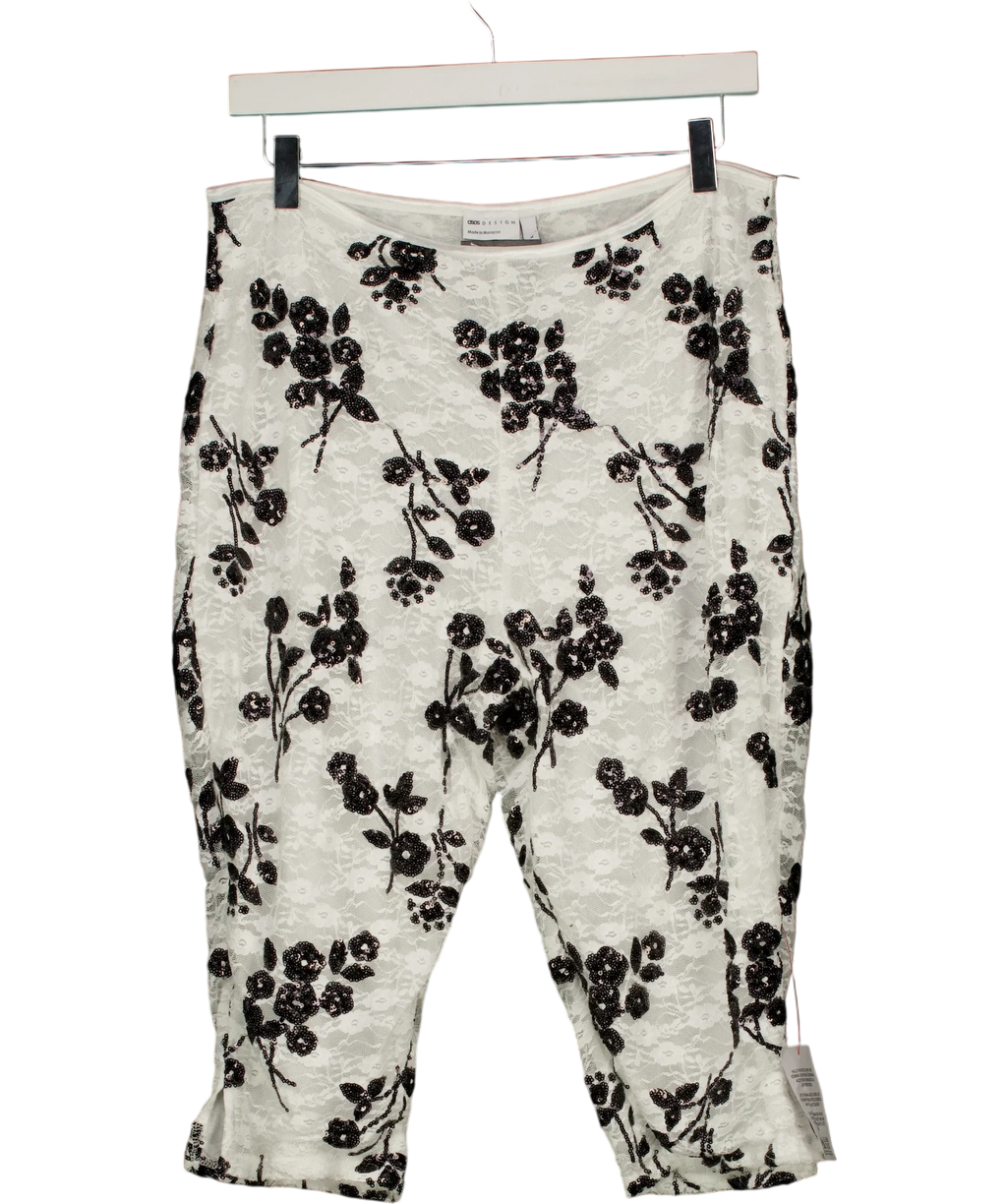 ASOS White DESIGN Sequin Lace Capri Trousers in Black and White Floral L, size UK L — front