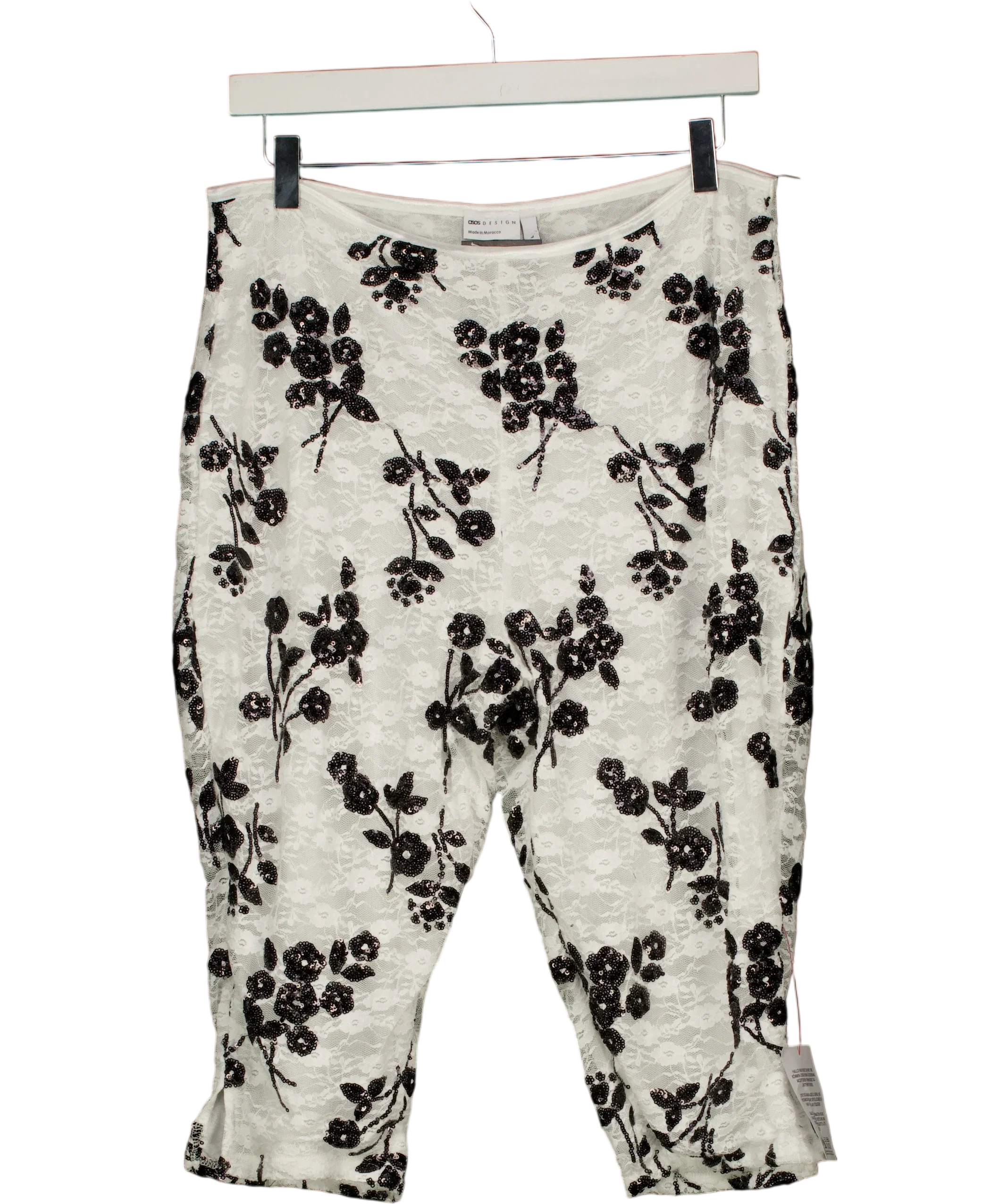 ASOS White DESIGN Sequin Lace Capri Trousers in Black and White Floral L, size UK L — front