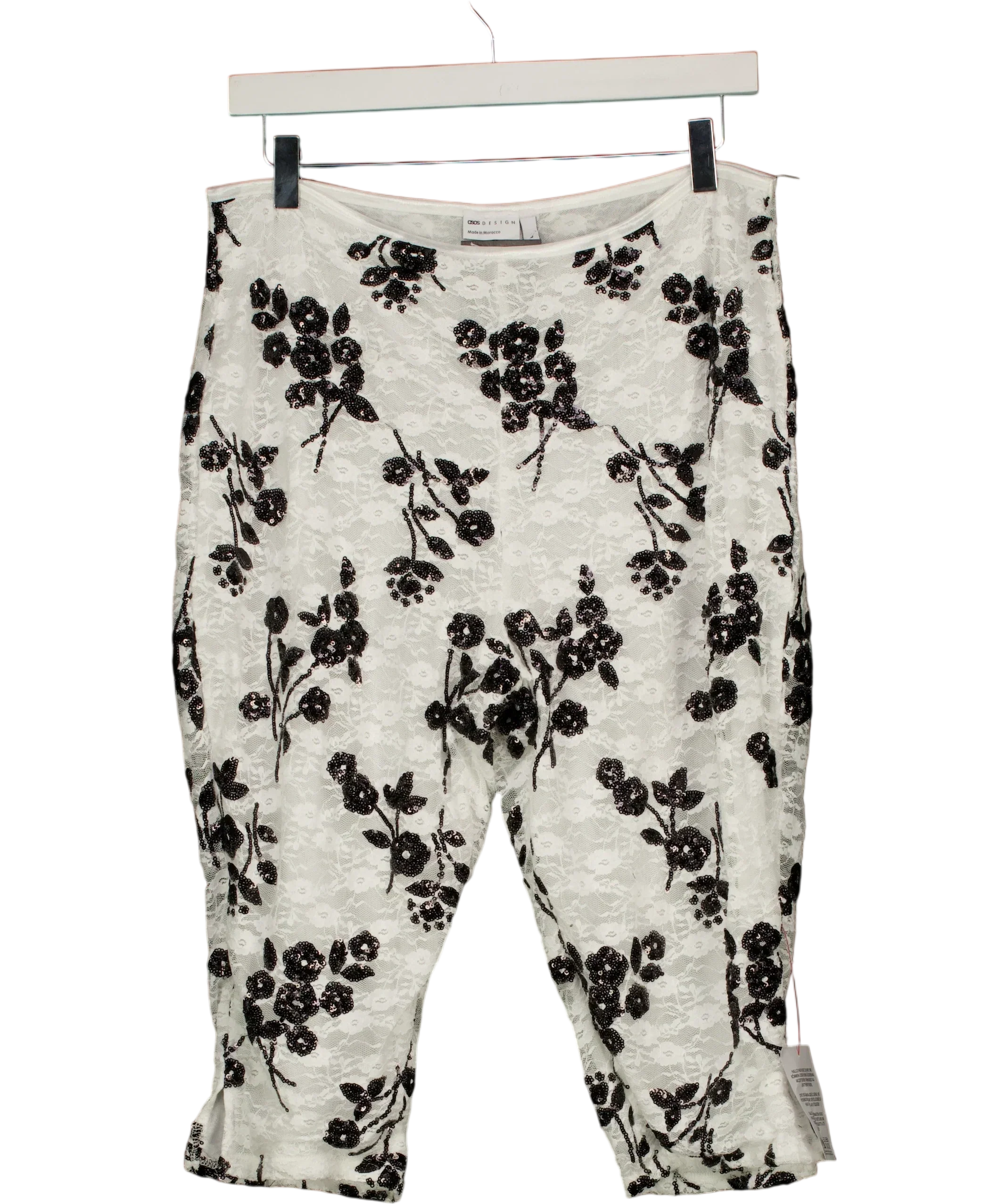ASOS White DESIGN Sequin Lace Capri Trousers in Black and White Floral L, size UK L — front