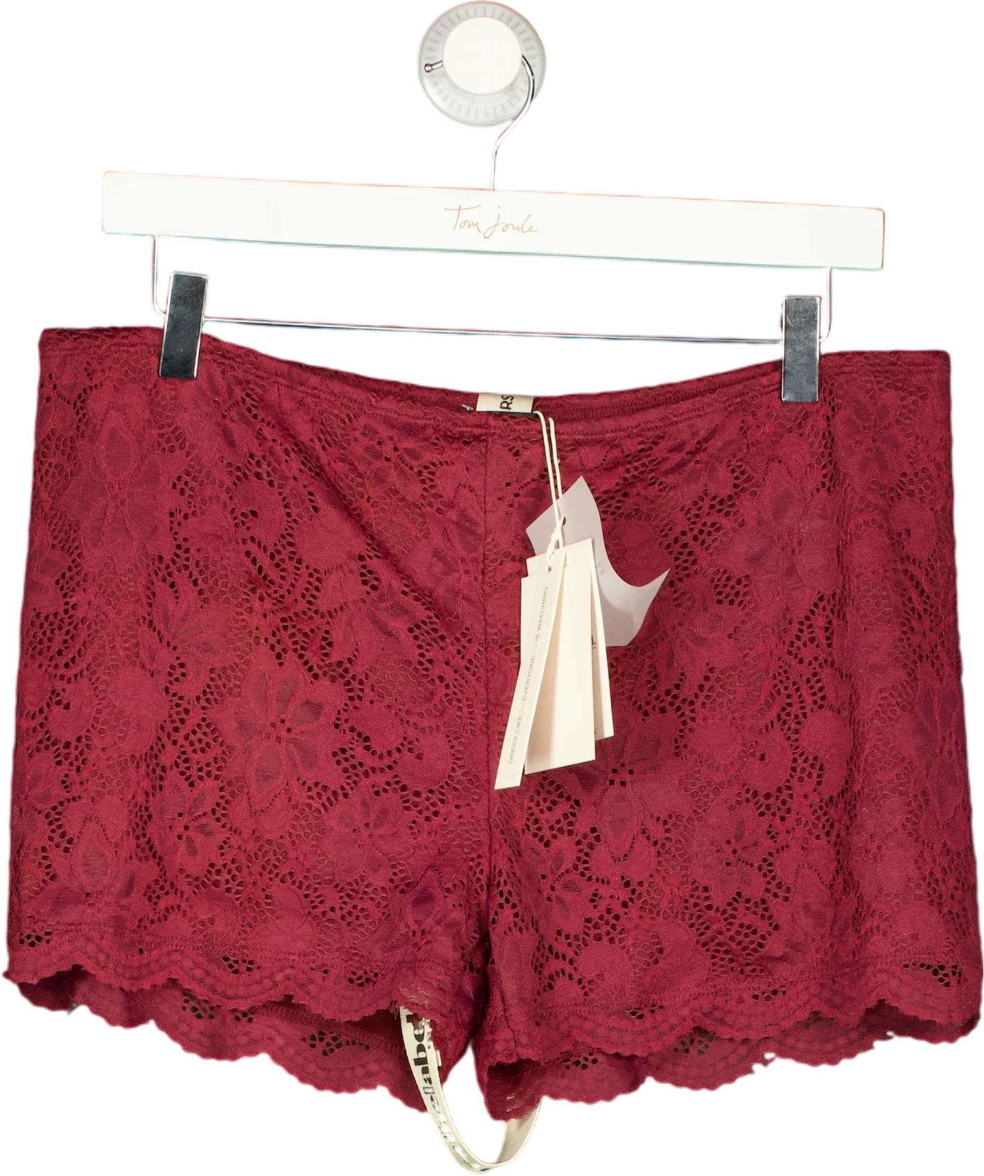 Mars the Label Red Harlow Lace Mini Shorts in Wine RED, size UK 16 — front