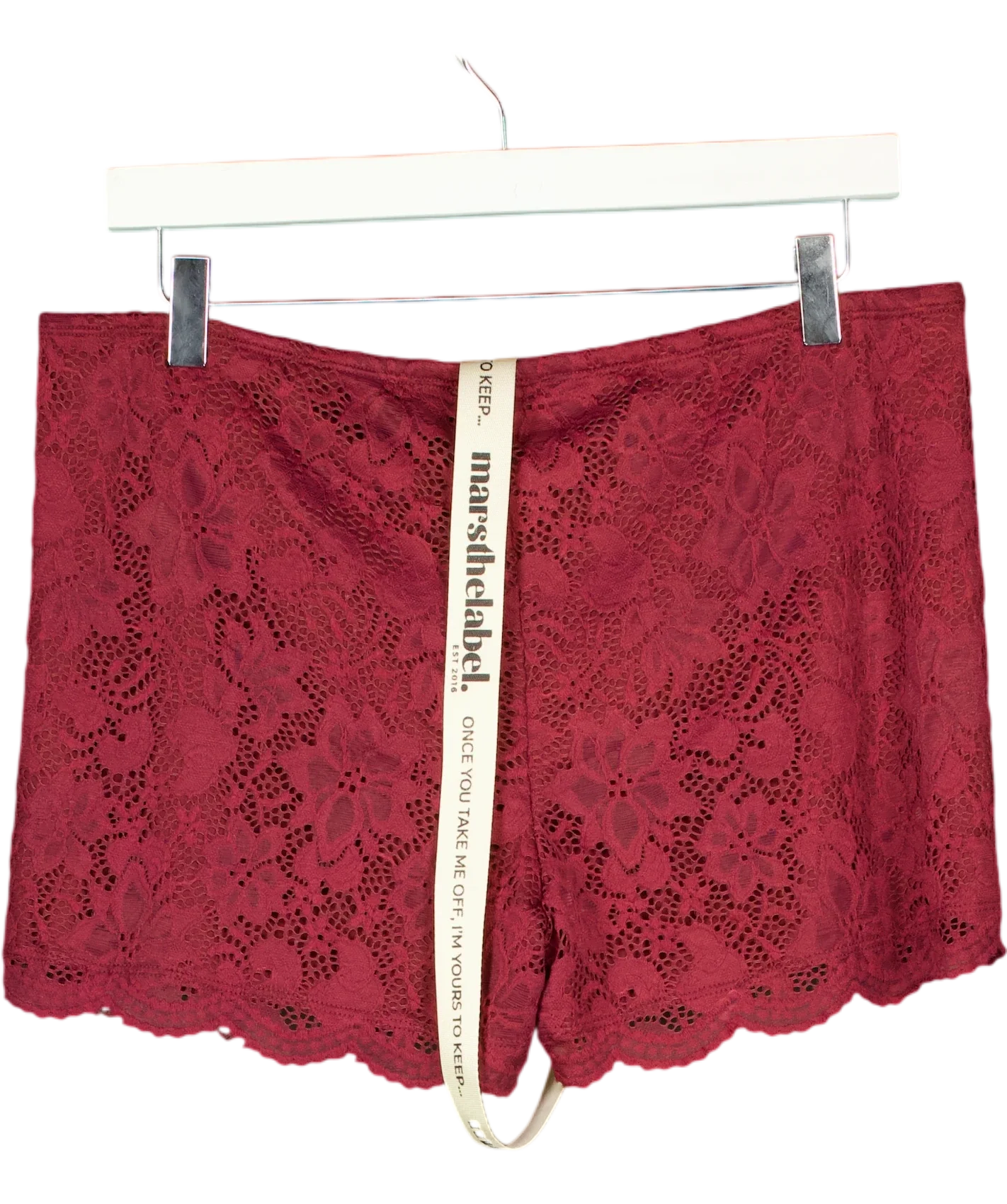 Mars the Label Red Harlow Lace Mini Shorts in Wine RED, size UK 16 — back