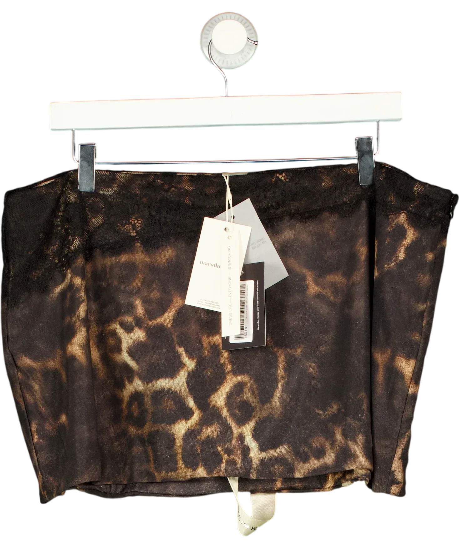 Mars the Label Black The Jayde Mini Skirt in Leopard Print, size UK 18 — front