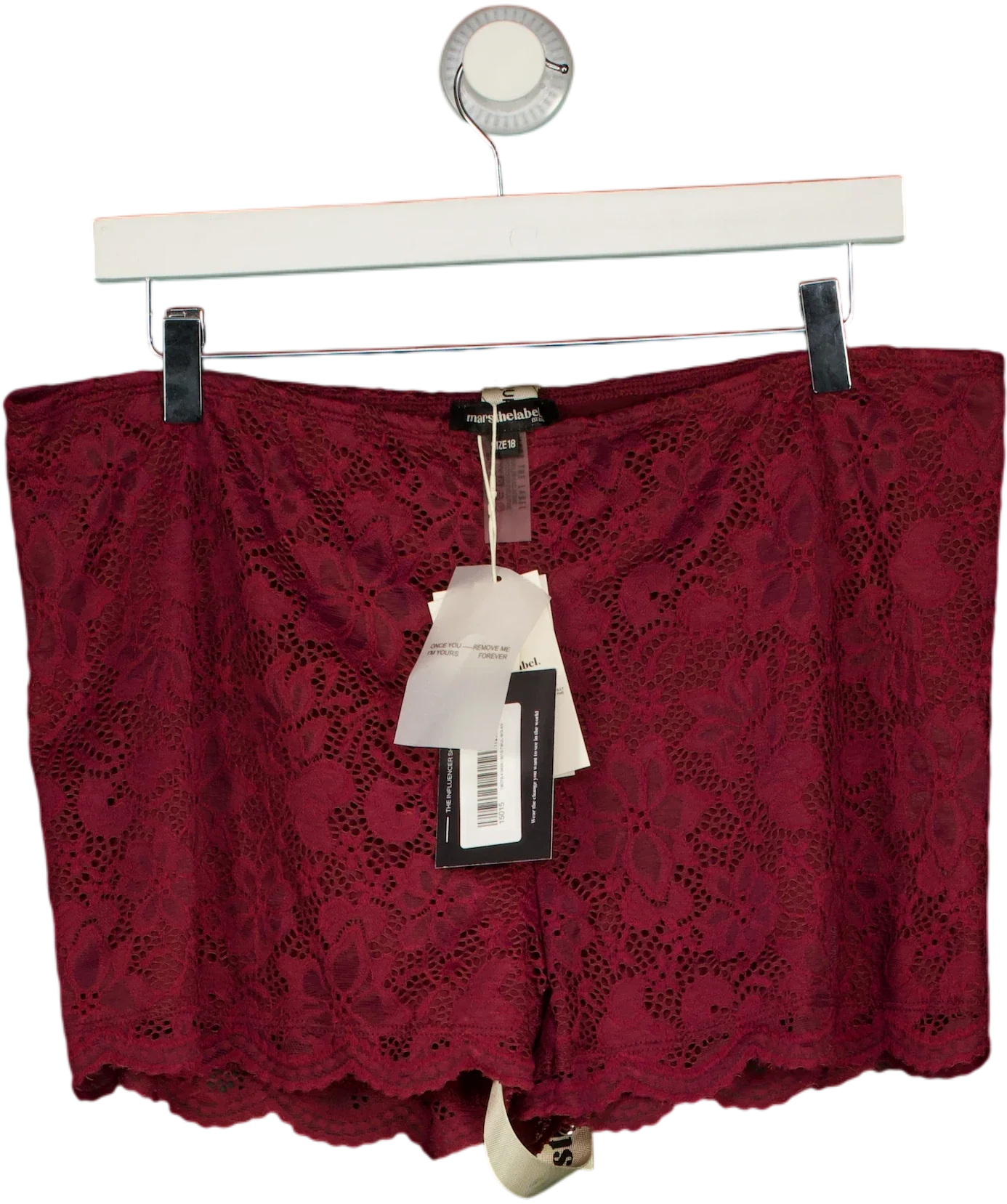 Mars the Label Red Harlow Lace Mini Shorts in Wine RED, size UK 18 — front