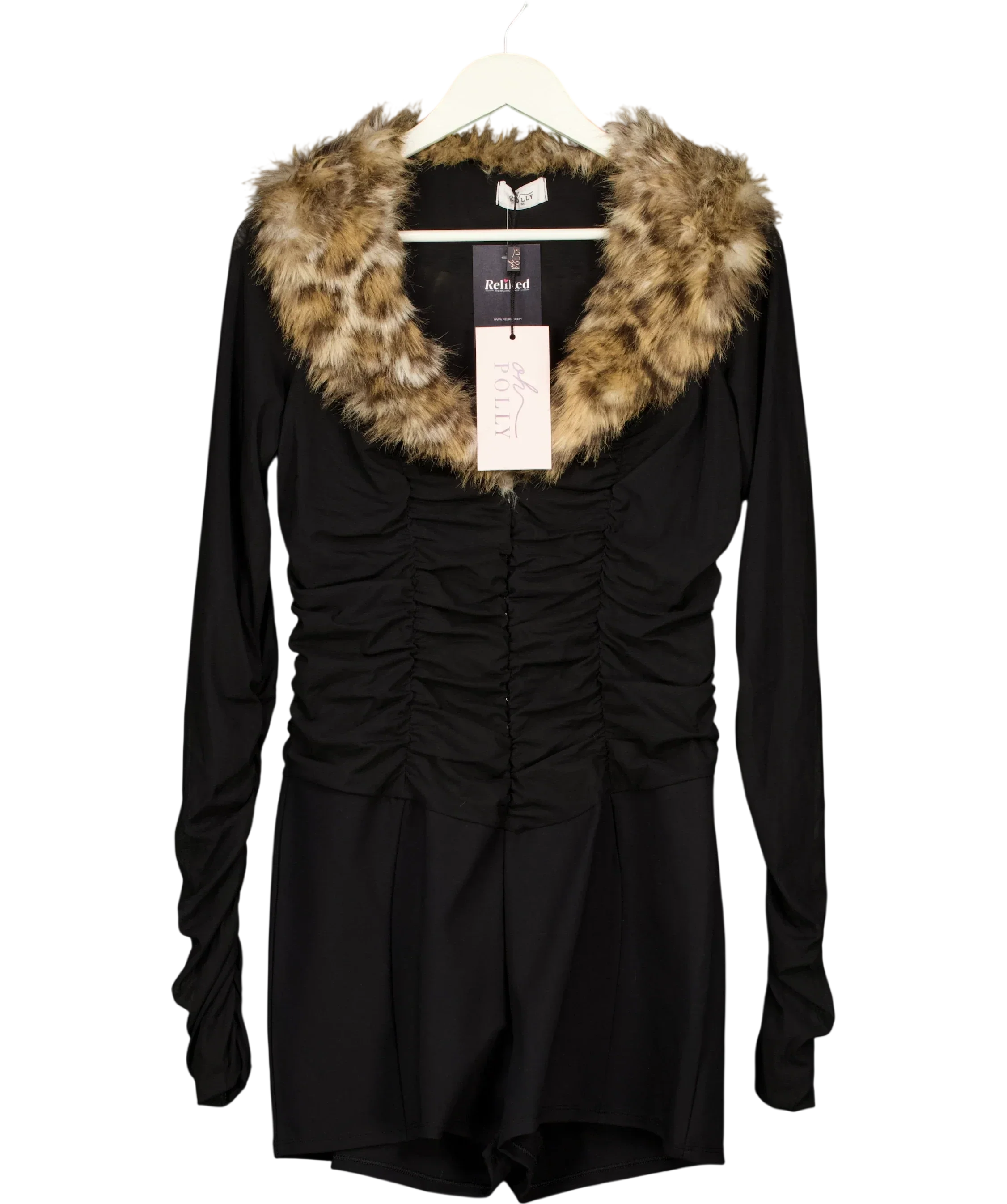 OH POLLY Black Loa Leopard Faux Fur-Trim Playsuit Black, size UK XL — front