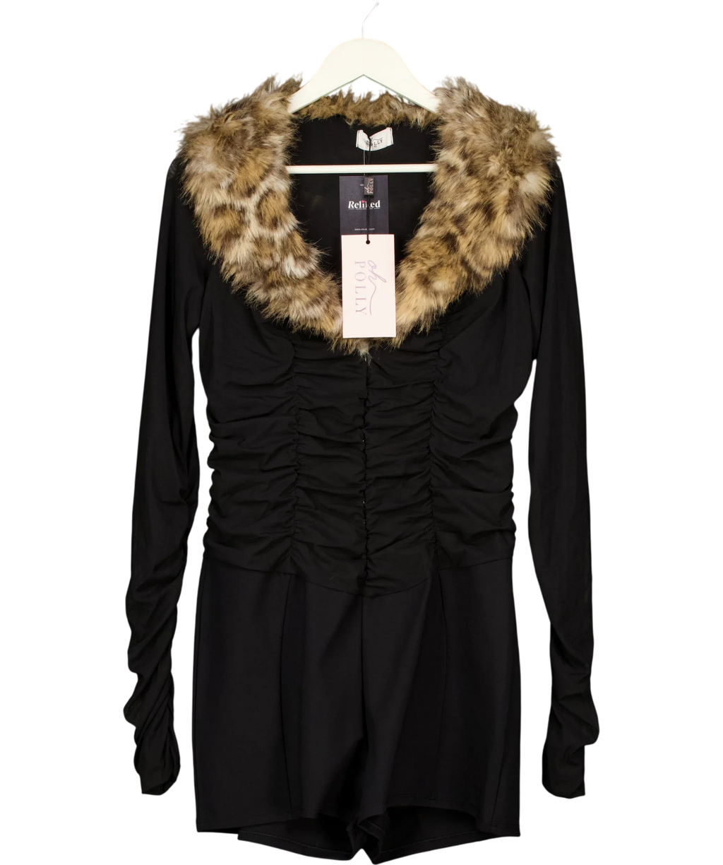 OH POLLY Black Loa Leopard Faux Fur-Trim Playsuit Black, size UK XL — front