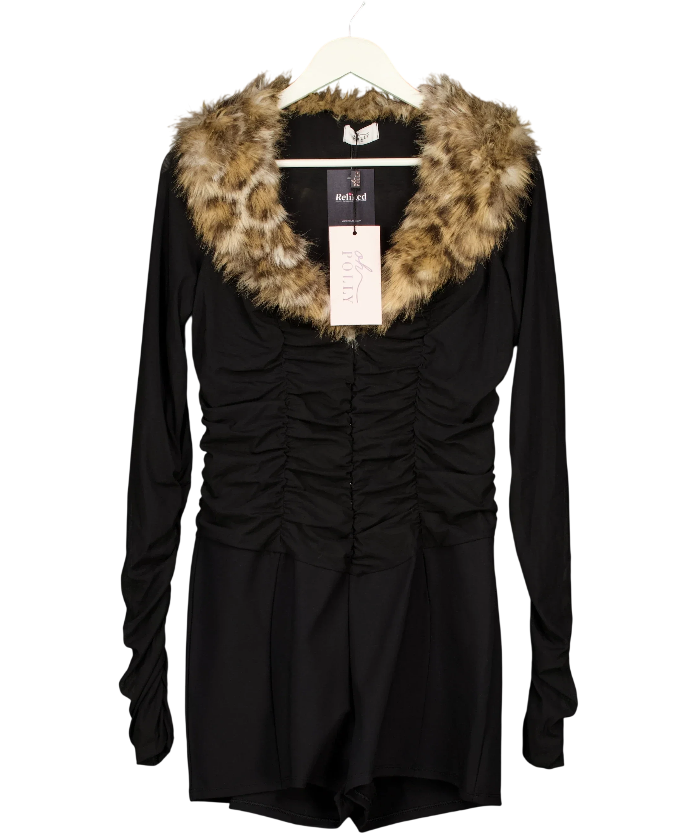 OH POLLY Black Loa Leopard Faux Fur-Trim Playsuit Black, size UK XL — front