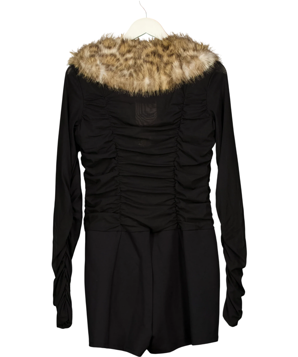 OH POLLY Black Loa Leopard Faux Fur-Trim Playsuit Black, size UK XL — back