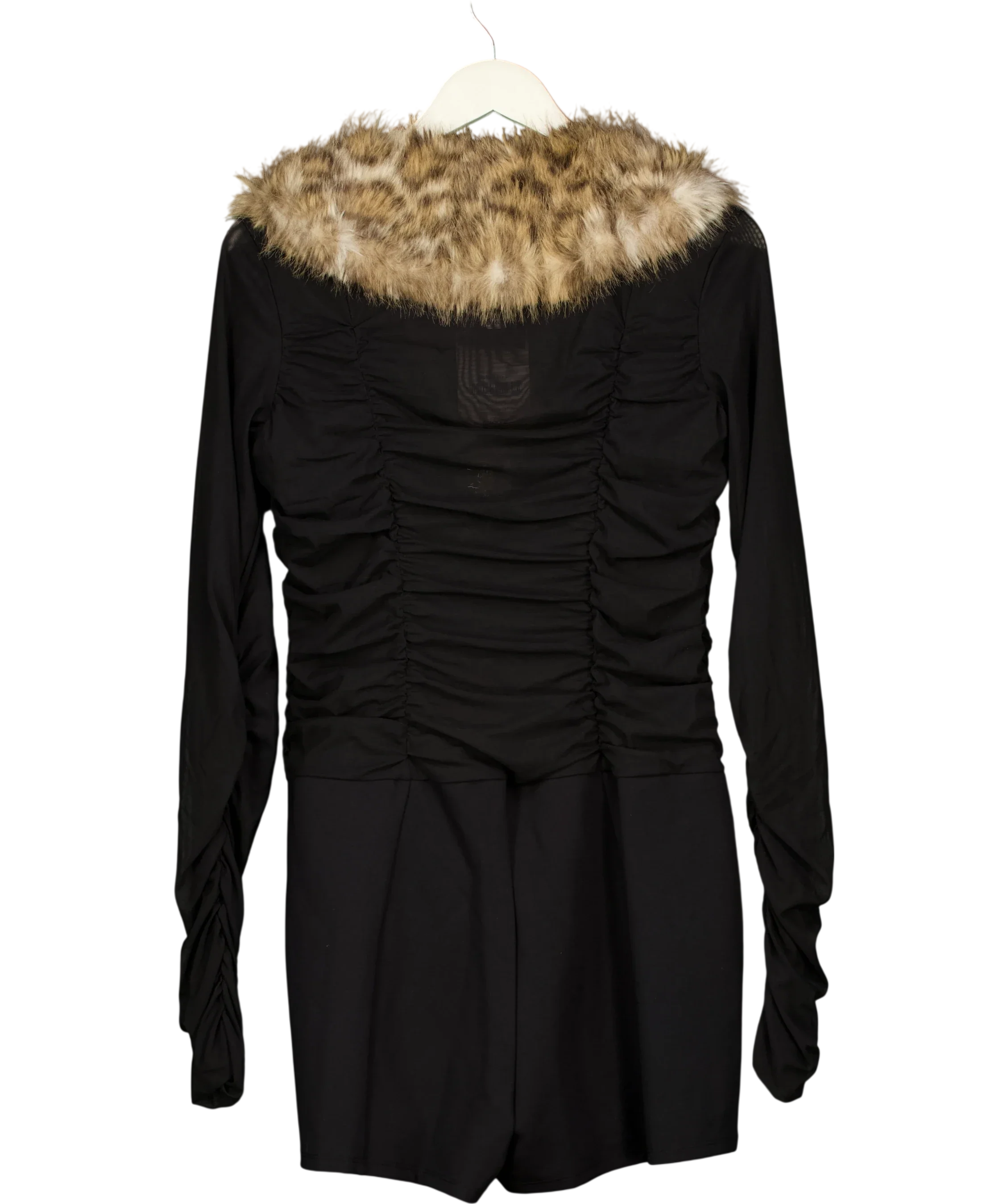 OH POLLY Black Loa Leopard Faux Fur-Trim Playsuit Black, size UK XL — back