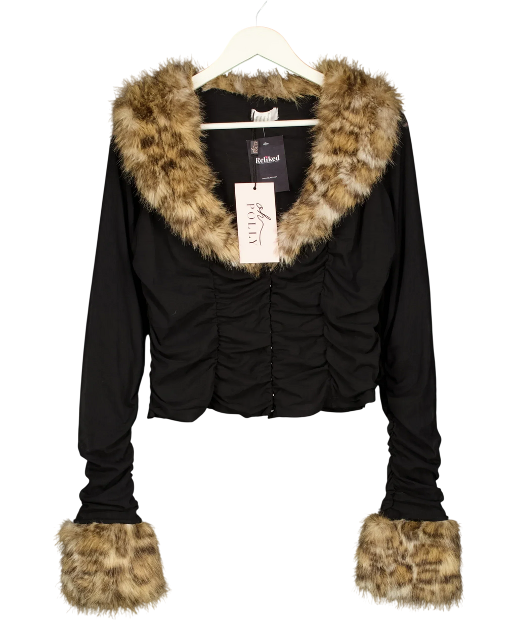 OH POLLY Black Lola Faux Fur Trim Ruched Mesh Cardigan, size UK XL — front