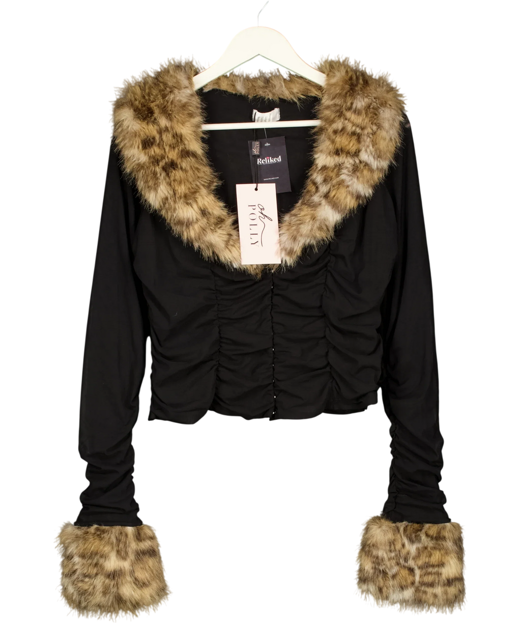 OH POLLY Black Lola Faux Fur Trim Ruched Mesh Cardigan, size UK XL — front
