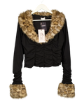 OH POLLY Black Lola Faux Fur Trim Ruched Mesh Cardigan, size UK XL — front