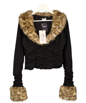 OH POLLY Black Lola Faux Fur Trim Ruched Mesh Cardigan UK XL