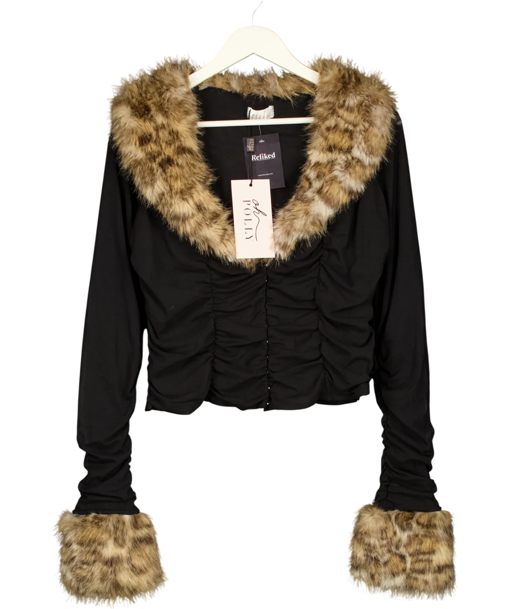 OH POLLY Black Lola Faux Fur Trim Ruched Mesh Cardigan, size UK XL — front