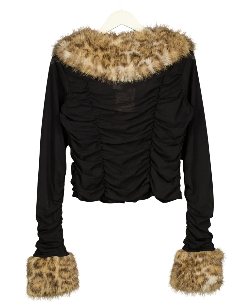 OH POLLY Black Lola Faux Fur Trim Ruched Mesh Cardigan, size UK XL — back
