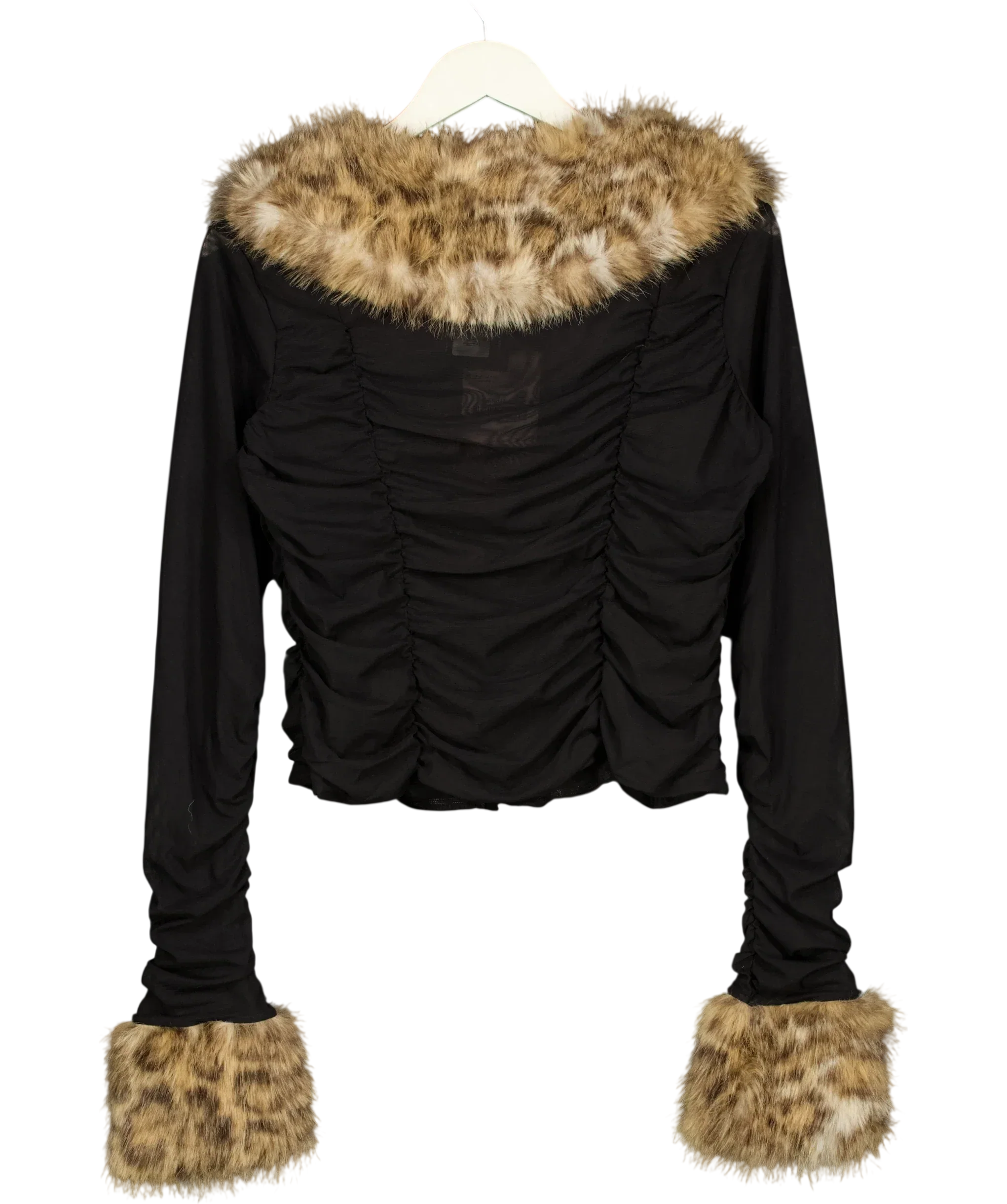 OH POLLY Black Lola Faux Fur Trim Ruched Mesh Cardigan, size UK XL — back