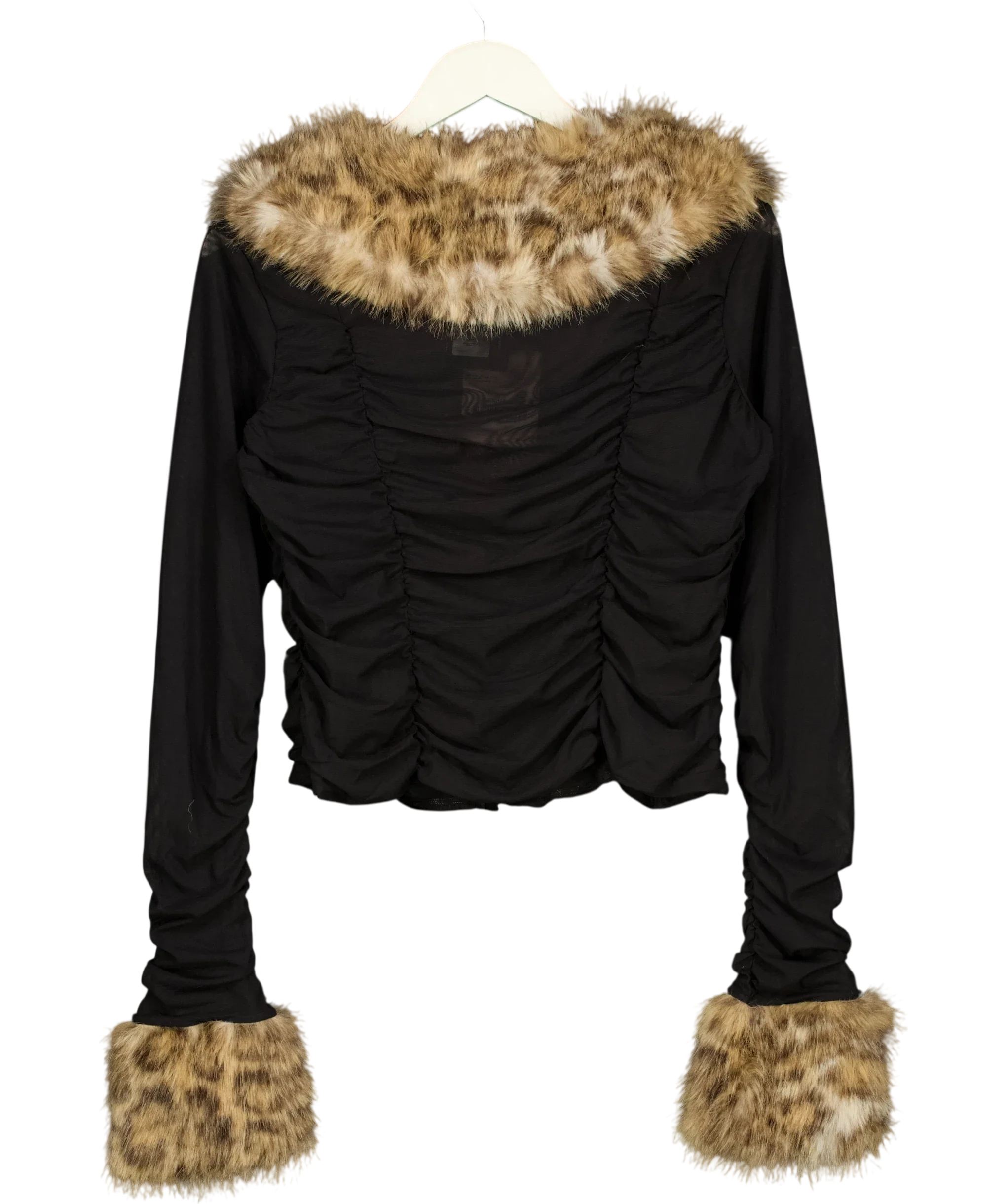 OH POLLY Black Lola Faux Fur Trim Ruched Mesh Cardigan, size UK XL — back