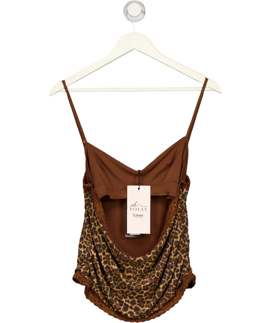 OH POLLY Brown Leopard Print Lace Trim Cowl Neck Camisole Top, size UK XL — front
