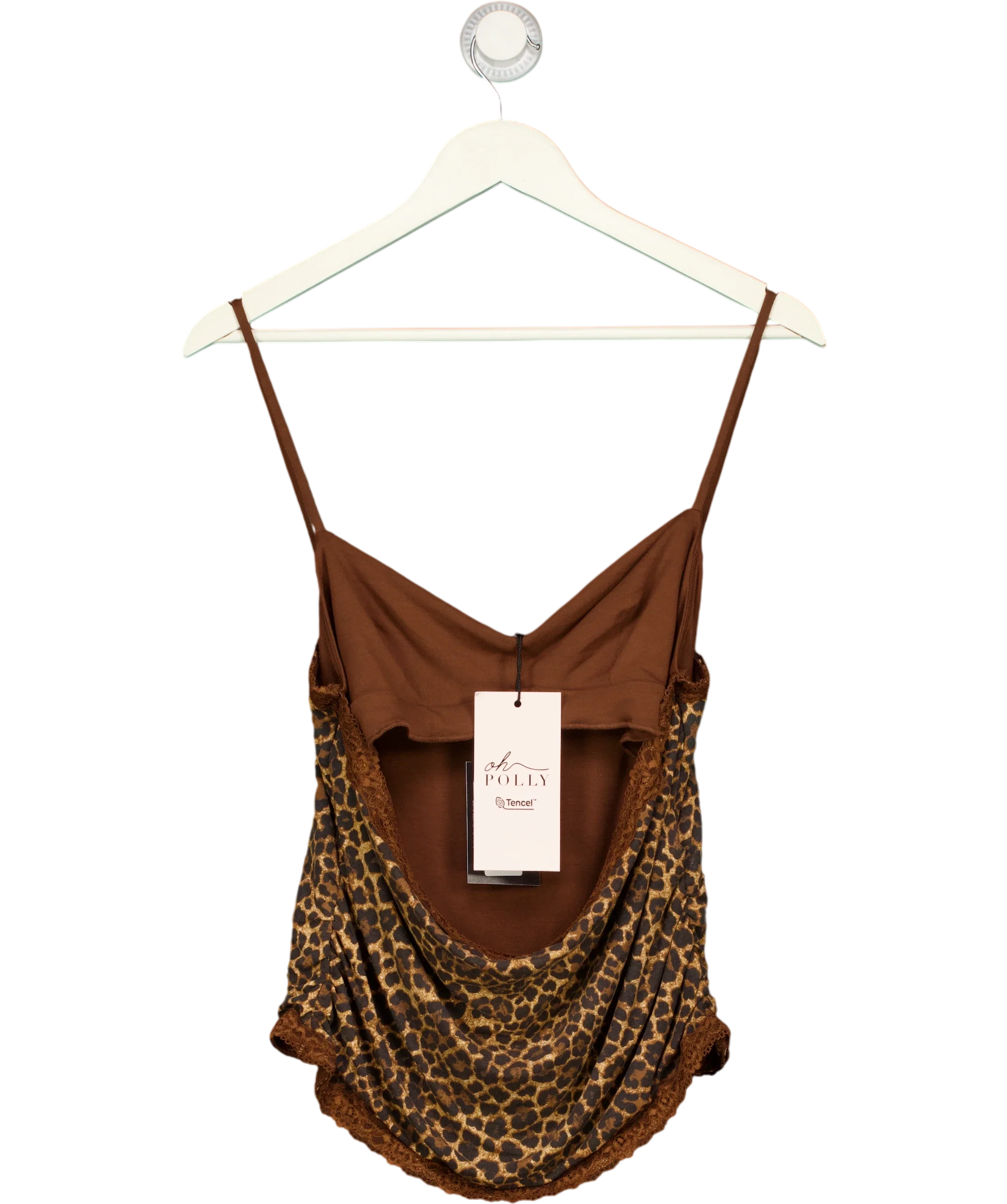 OH POLLY Brown Leopard Print Lace Trim Cowl Neck Camisole Top, size UK XL — front