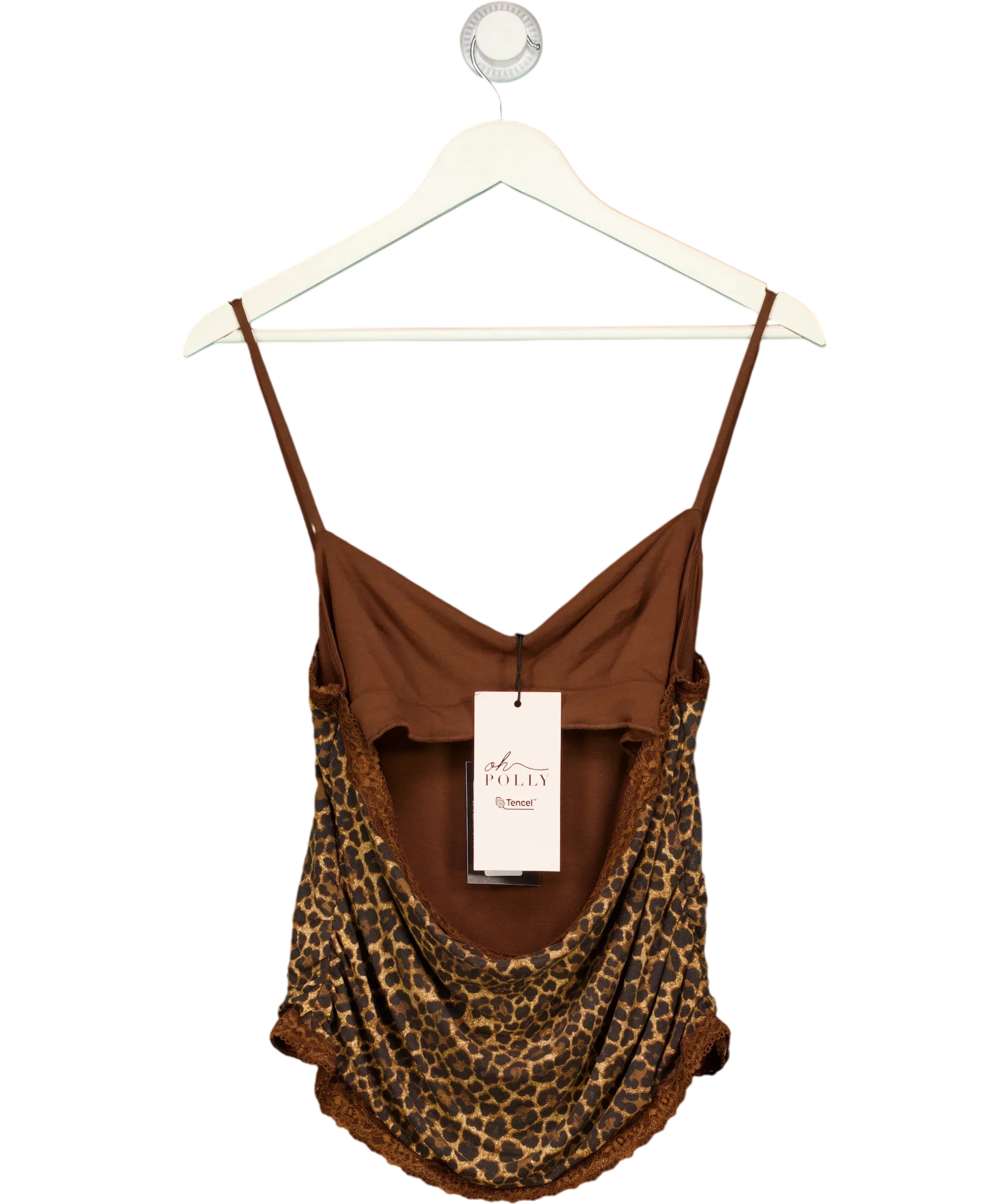 OH POLLY Brown Leopard Print Lace Trim Cowl Neck Camisole Top, size UK XL — front