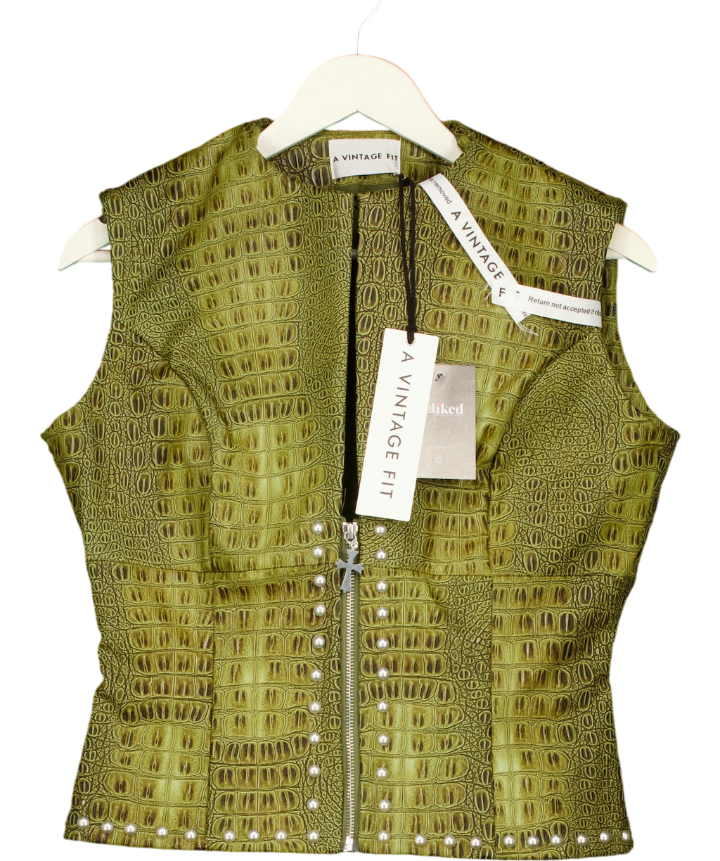 A VINTAGE FIT Green Faux Croc Leather  Zip Up Vest Cypress Green  XL, size UK 14 — front