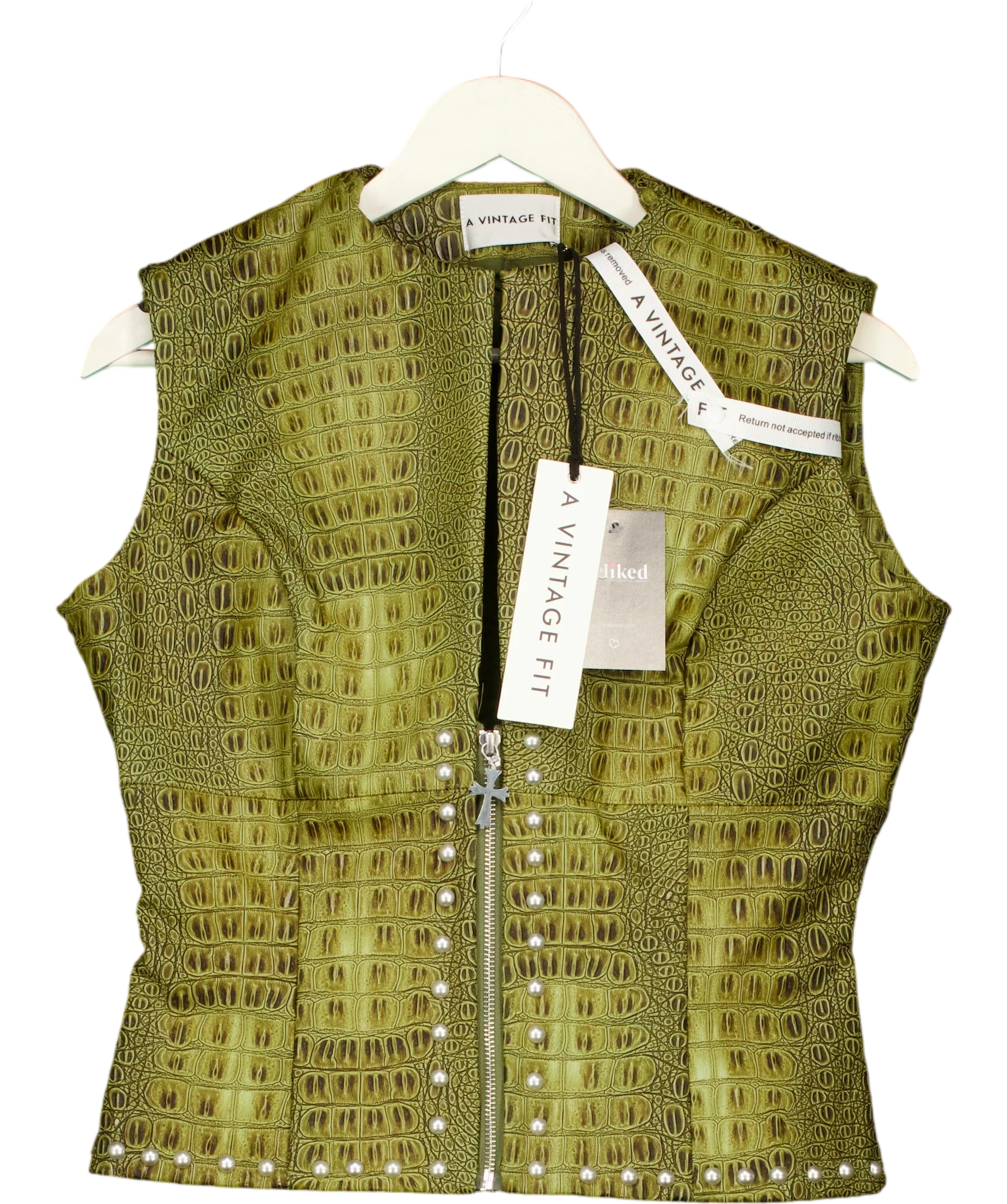 A VINTAGE FIT Green Faux Croc Leather  Zip Up Vest Cypress Green  XL, size UK 14 — front