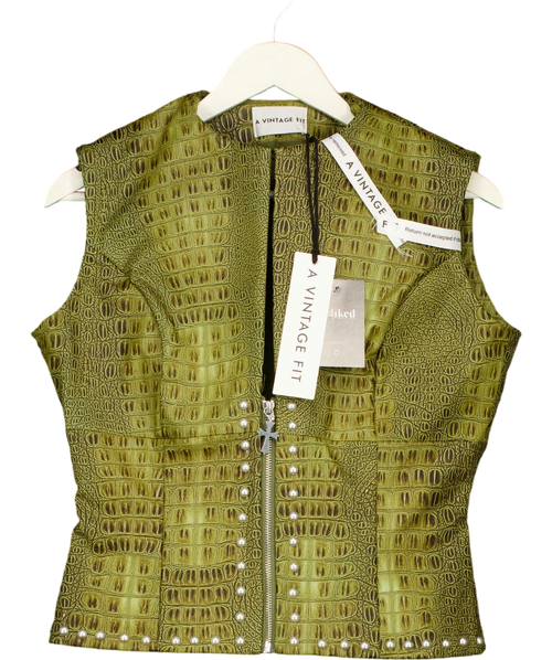A VINTAGE FIT Green Faux Croc Leather  Zip Up Vest Cypress Green  XL, size UK 14 — front