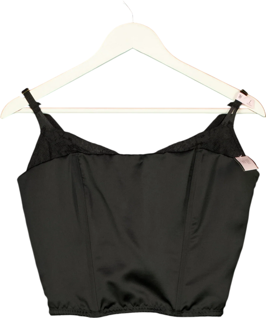 Victoria's Secret Black Black Satin Lace Trim Corset Top, size UK L — front