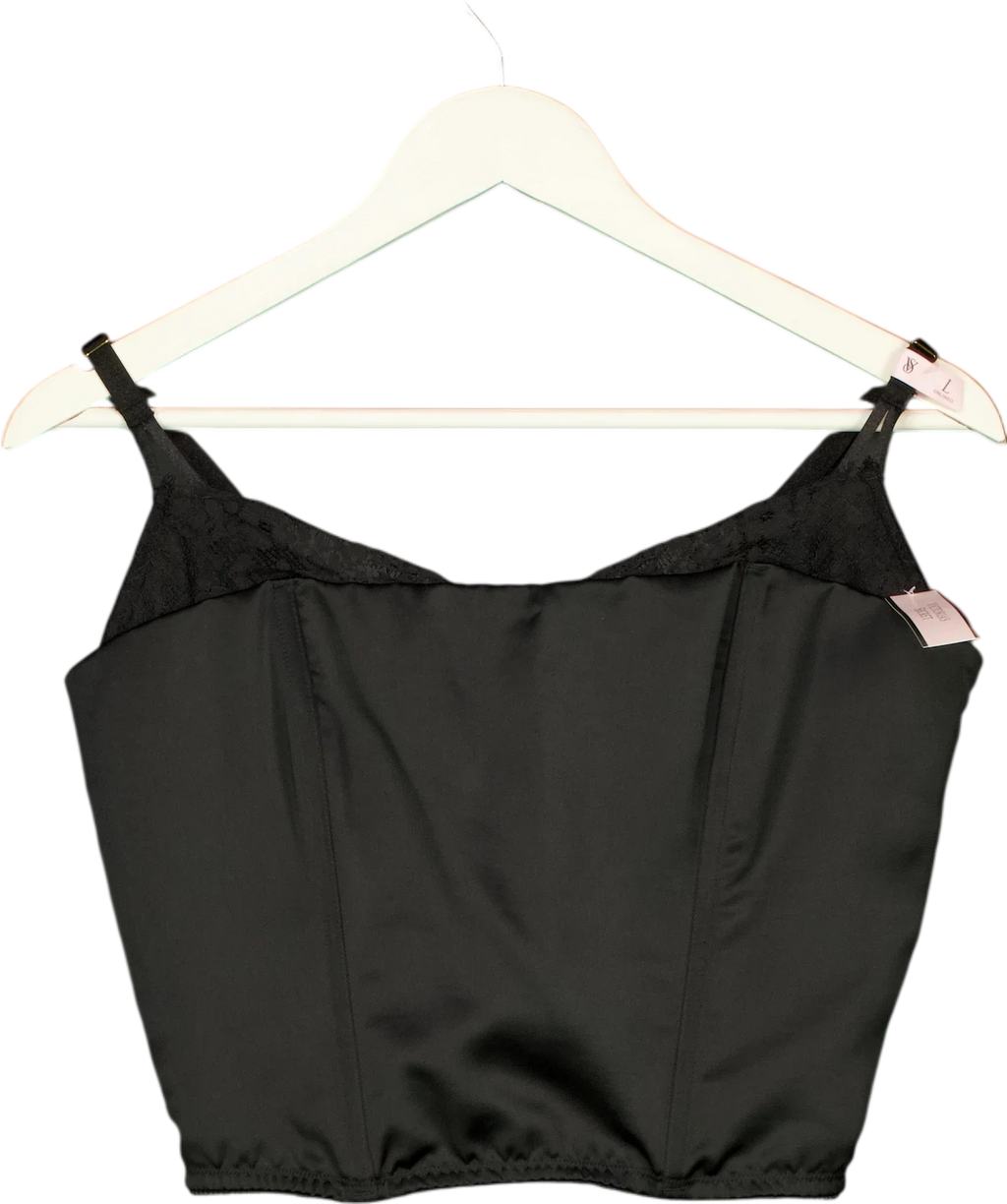 Victoria's Secret Black Black Satin Lace Trim Corset Top, size UK L — front
